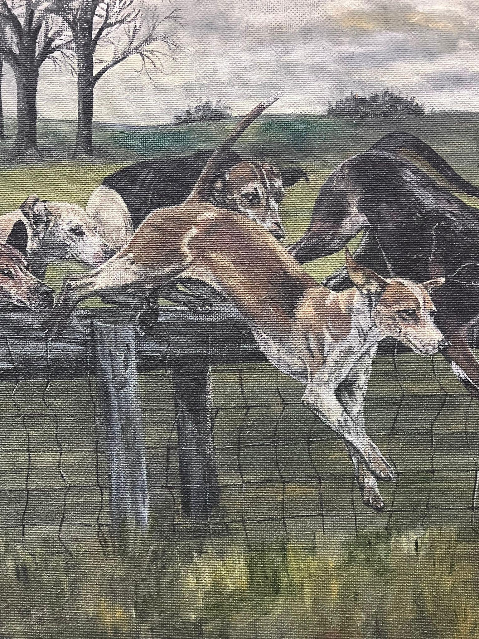 Huge British Sporting Oil Painting Hunting Hounds in Full Pursuit over Fence For Sale 2