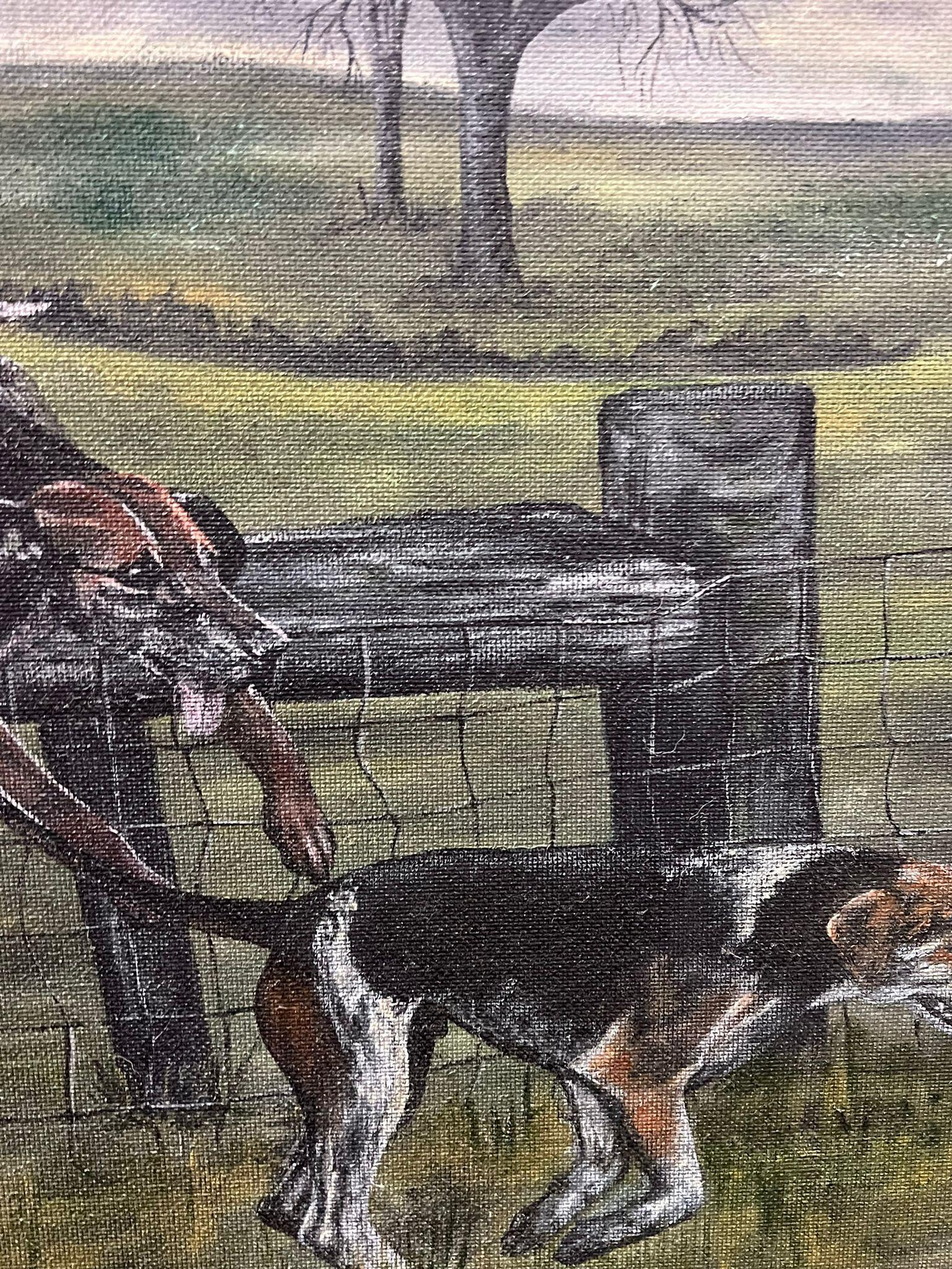 Grande peinture à l'huile britannique représentant des chiens de chasse en pleine poursuite sur une clôture en vente 1