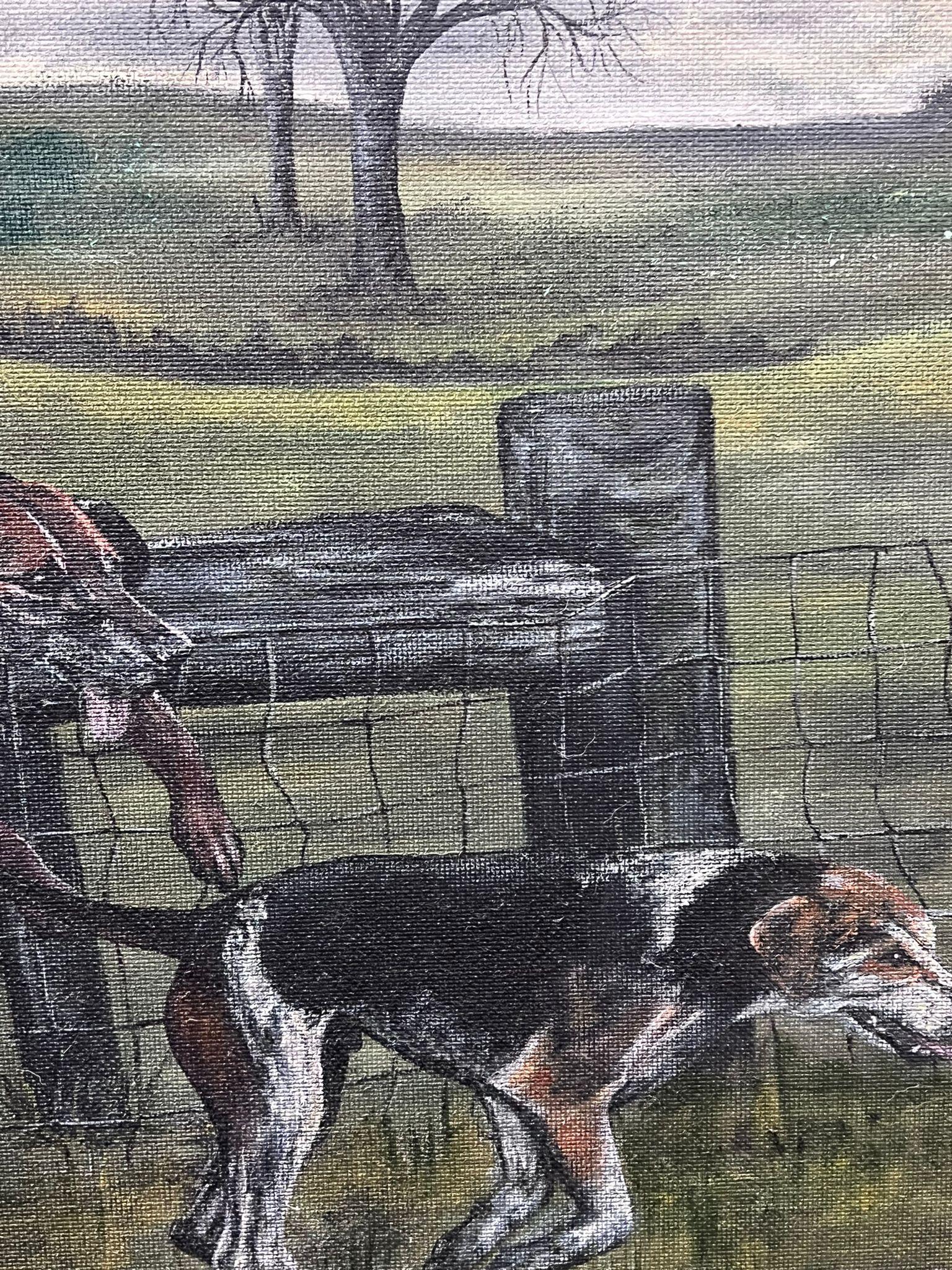 Grande peinture à l'huile britannique représentant des chiens de chasse en pleine poursuite sur une clôture en vente 4