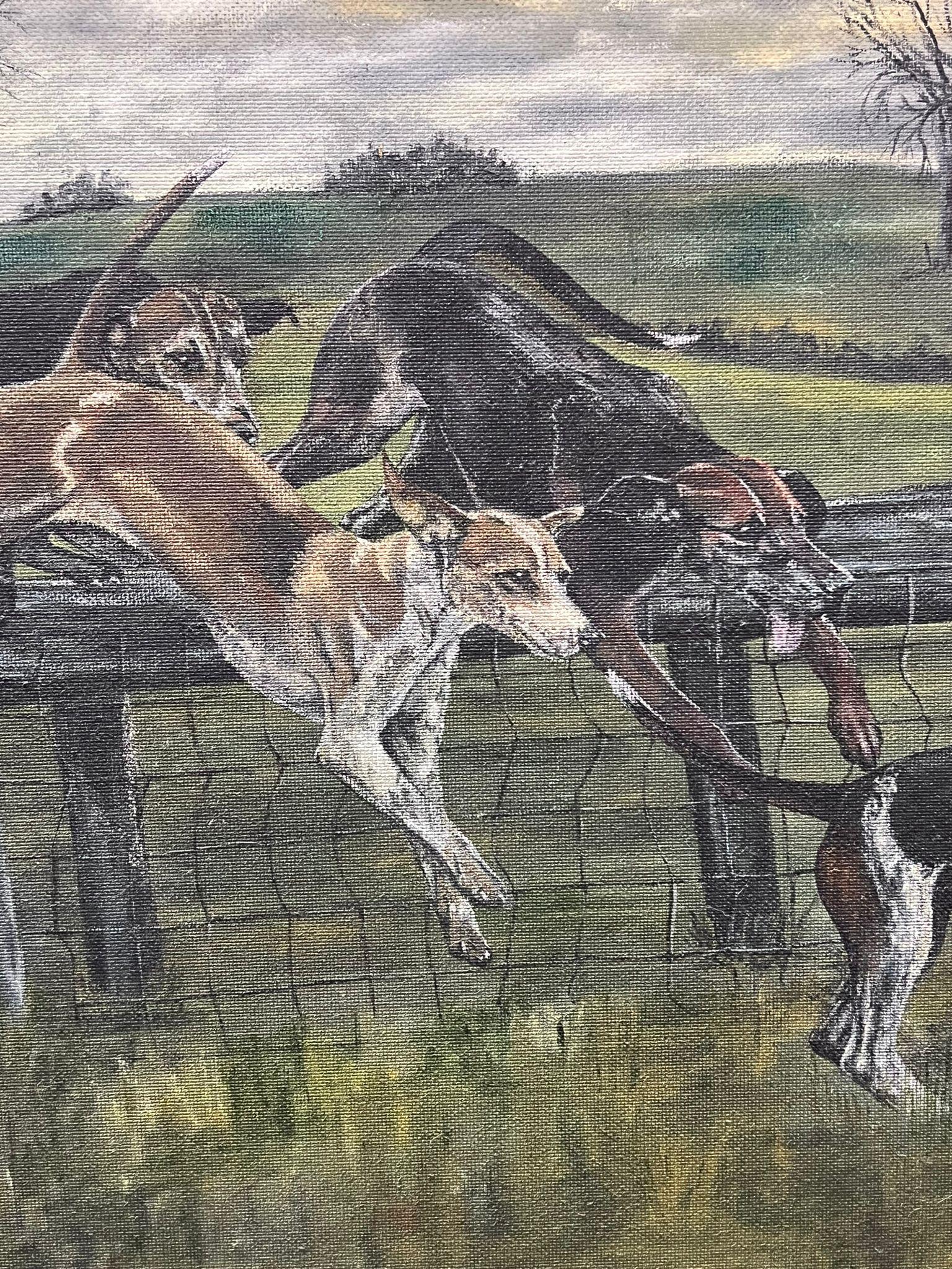 Huge British Sporting Oil Painting Hunting Hounds in Full Pursuit over Fence For Sale 7