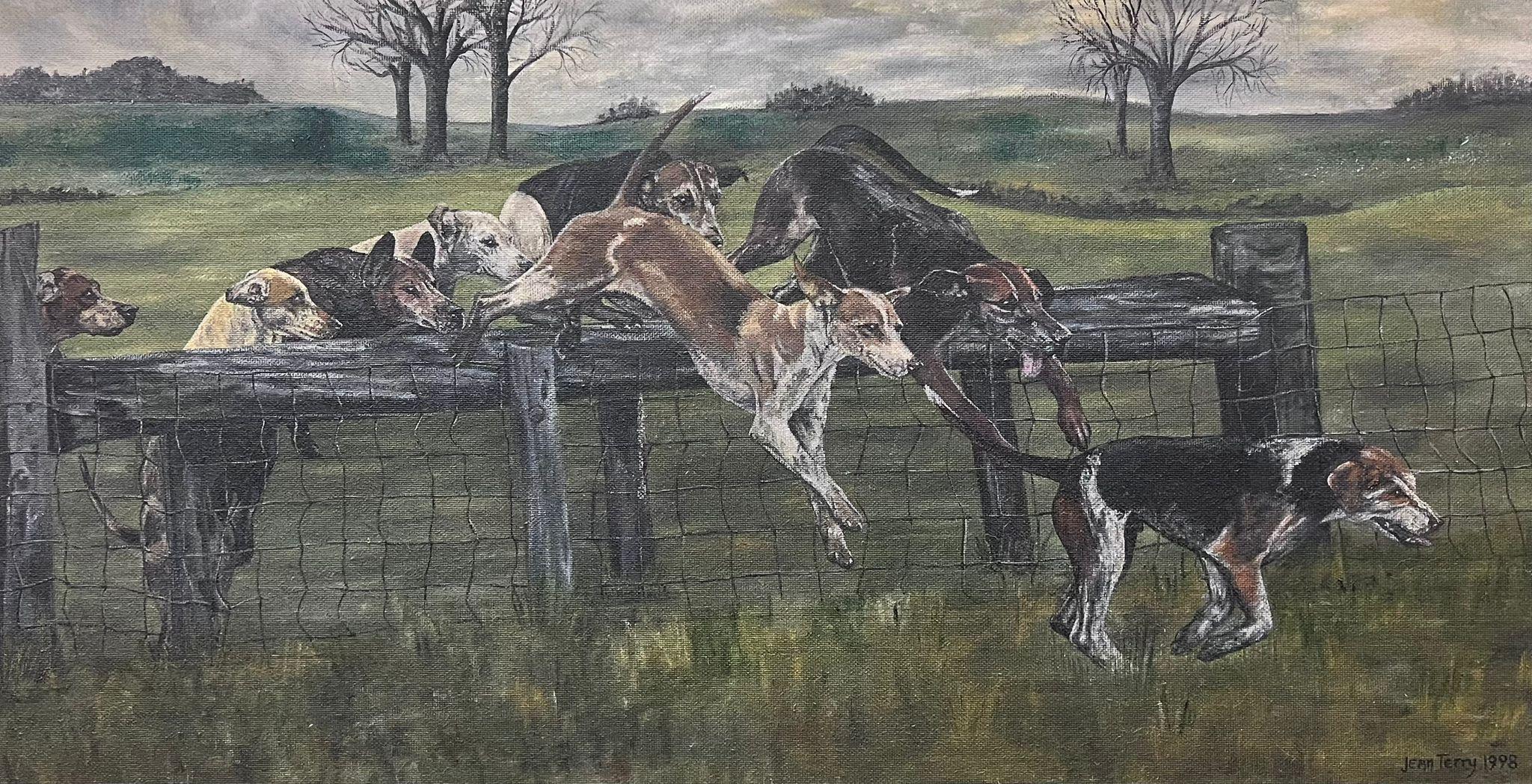 Landscape Painting de Jean Terry - Enorme óleo deportivo británico Lebreles de caza en plena persecución sobre una valla