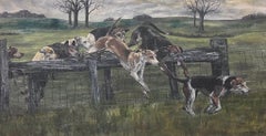 Grande peinture à l'huile britannique représentant des chiens de chasse en pleine poursuite sur une clôture