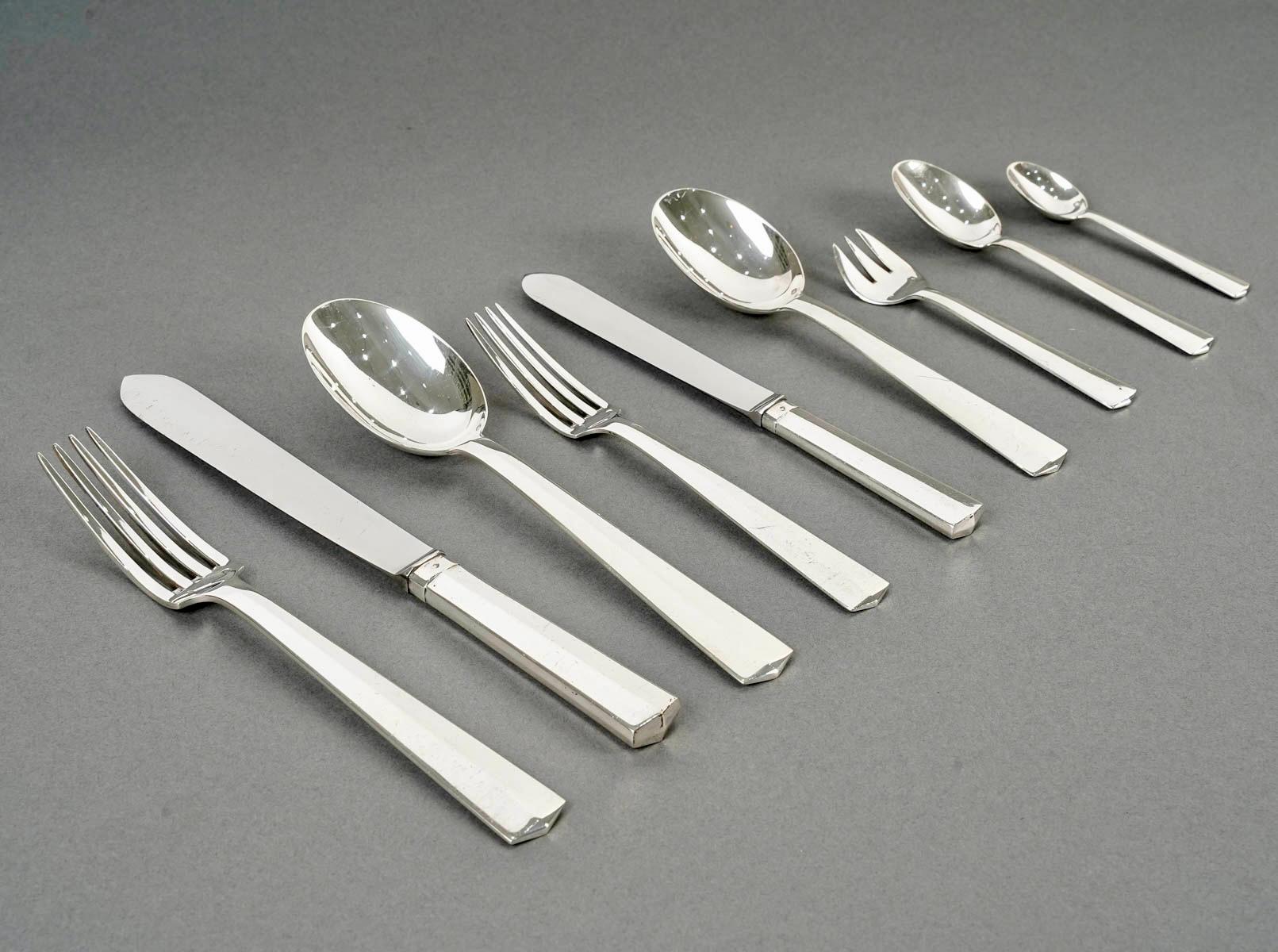 French Jean Tetard Art Deco Modernist Cutlery Flatware Set Nice Sterling Silver 115Pces