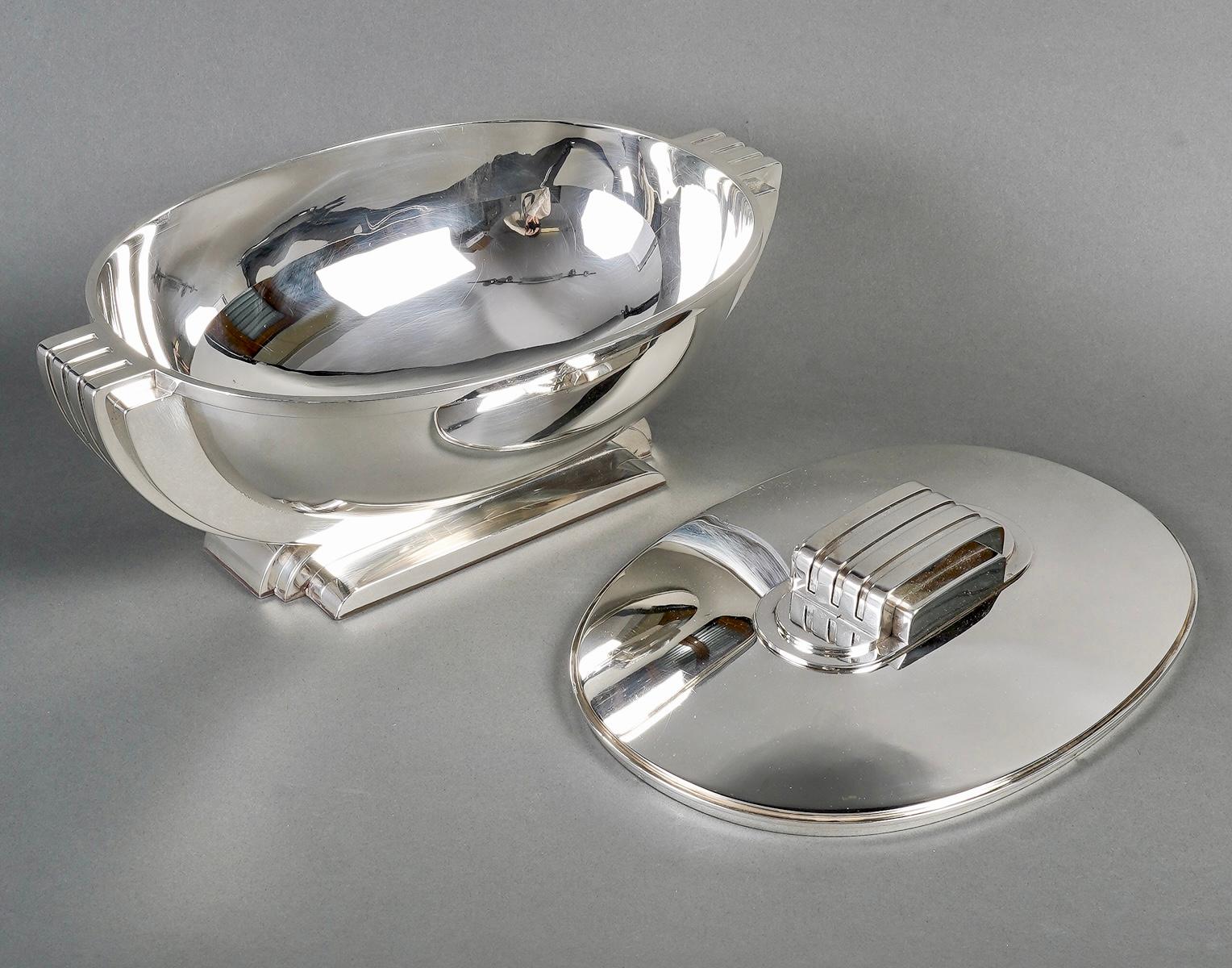 Jean Tetard, Modernist Art Deco Tureen Centerpiece Sterling Silver For Sale 10