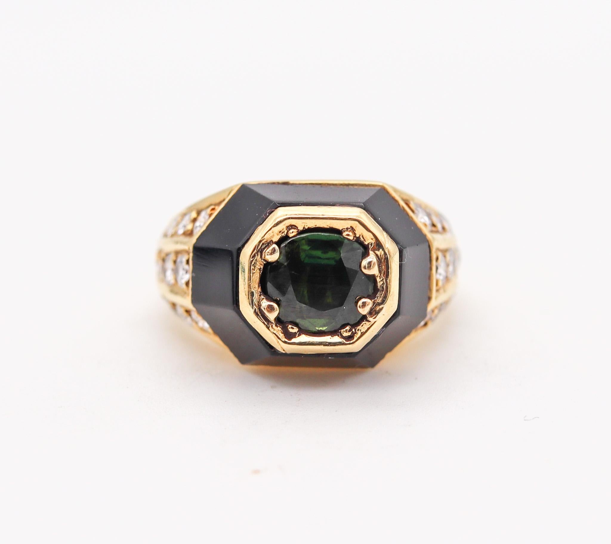 Modernist Jean Thierry Bond 1970 Paris Ring in 18kt Gold with 1.92 Ctw Diamonds Tourmaline For Sale