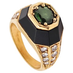 Retro Jean Thierry Bond 1970 Paris Ring in 18kt Gold with 1.92 Ctw Diamonds Tourmaline