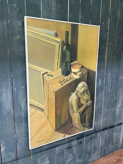 Jean Thomas (1923-2019) "singe au camembert" grande huile sur toile signée