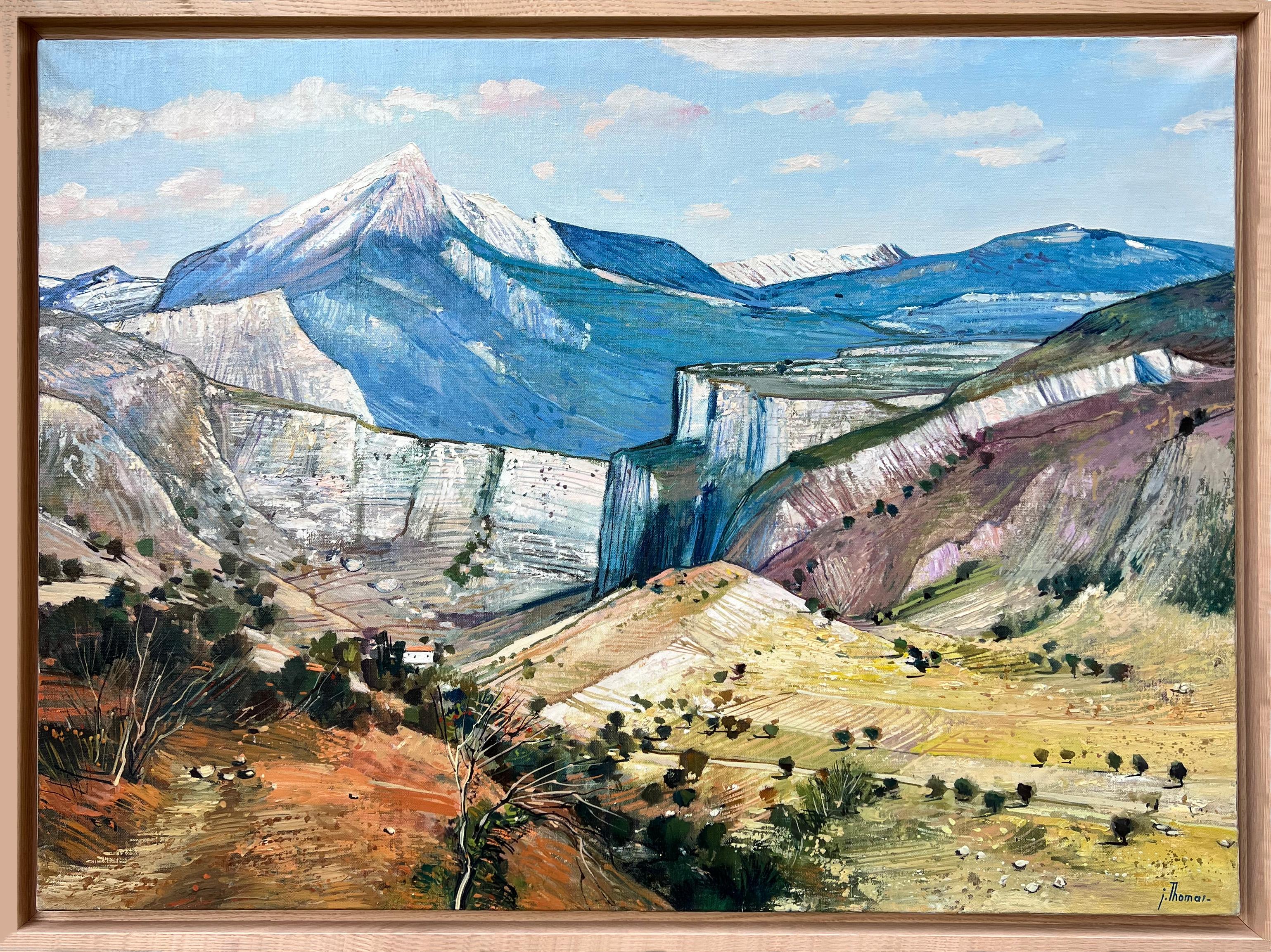Figurative Painting di Jean Thomas - "Neige de printemps sur la Dent d'Aire" - Alpi dell'Alta Provenza , Francia