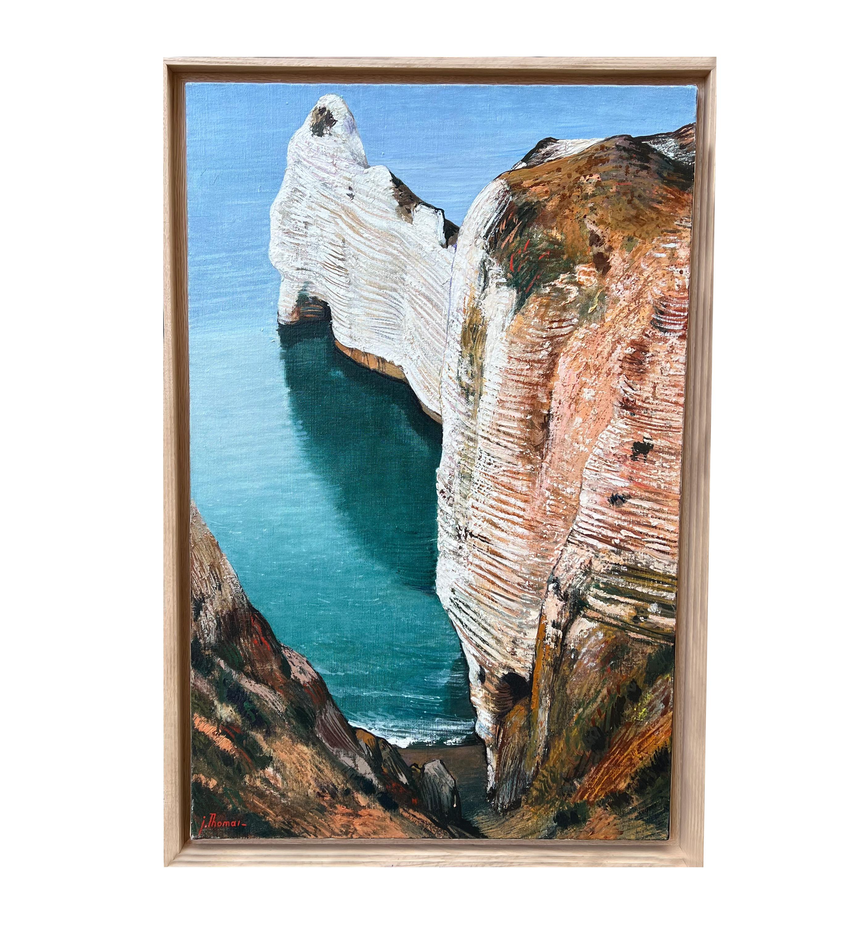 Landscape Painting di Jean Thomas - "Vue plongeante sur la porte d'Amont - Etretat" - Normandia, Francia
