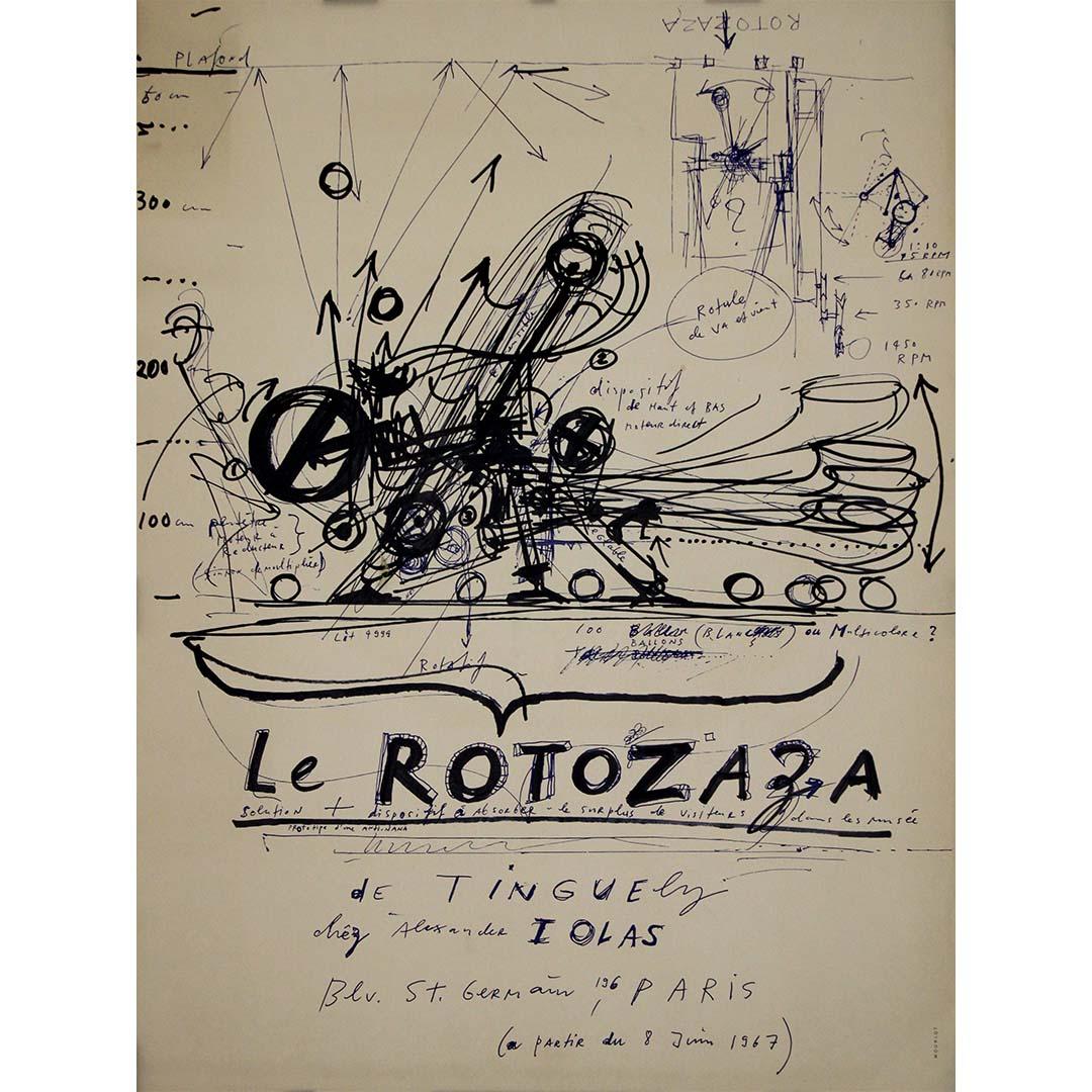 This original 1967 exhibition poster was designed by the celebrated Swiss kinetic artist Jean Tinguely for his groundbreaking show Le Rotozaza at Galerie Alexandre Iolas, located at 196 Boulevard Saint-Germain in Paris.

Featuring Tinguely’s own