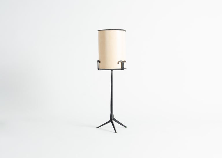 French Jean Touret, Marolles Wrought-iron Tripodal Table Lamp, France, 1950-1955 For Sale