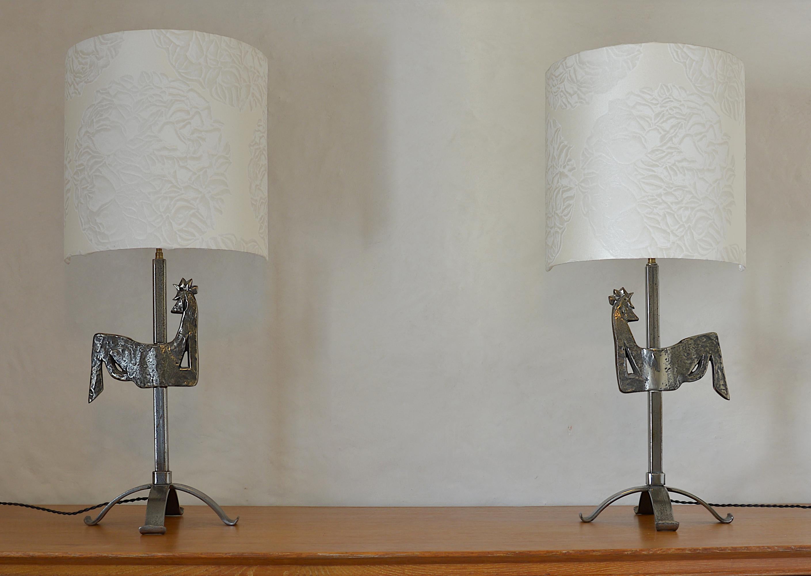 Jean Touret Ateliers de Marolles Midcentury Rooster Table Lamp, Pair available In Excellent Condition For Sale In Saint-Amans-des-Cots, FR