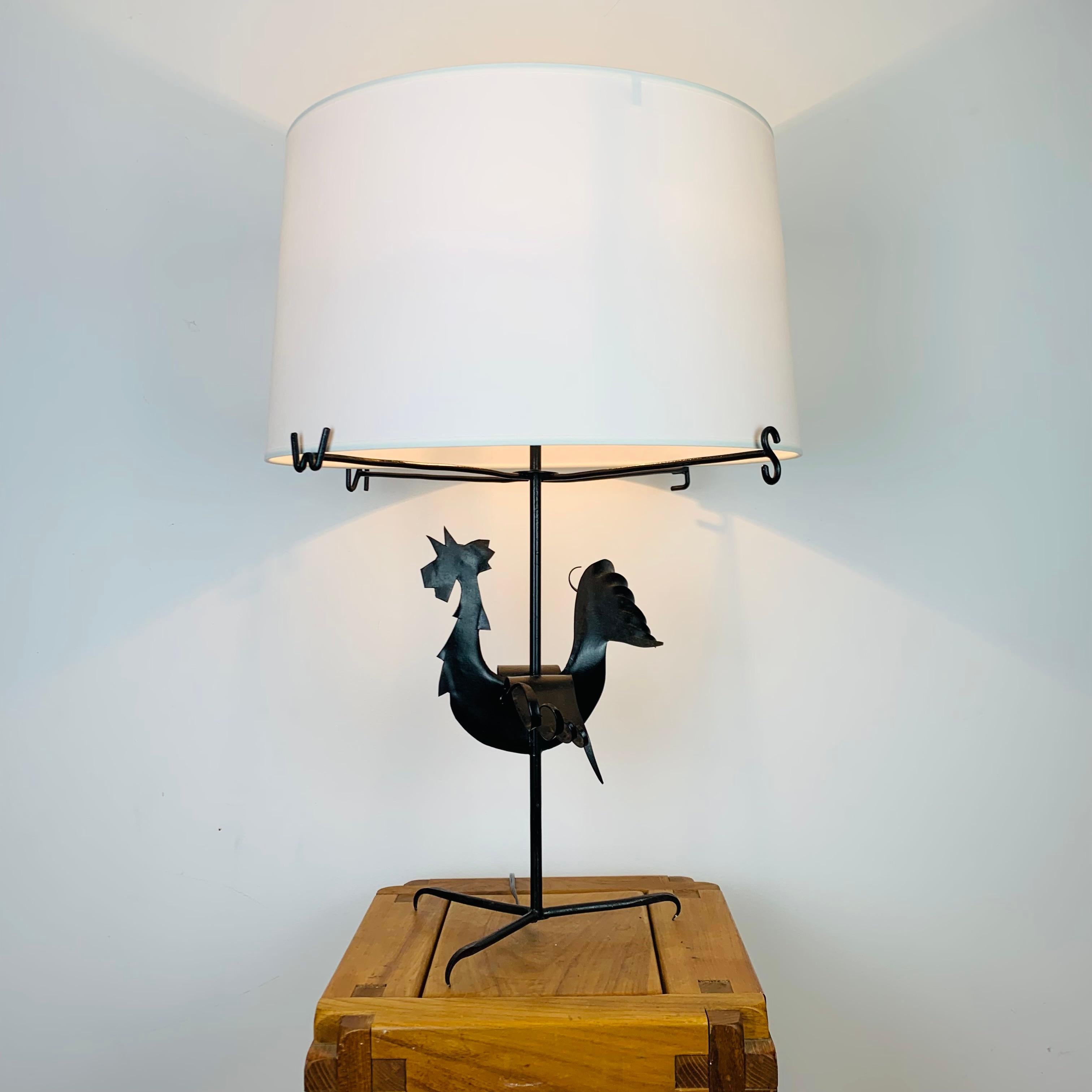 Mid-Century Modern Jean Touret, rooster lamp, wrought iron For Sale