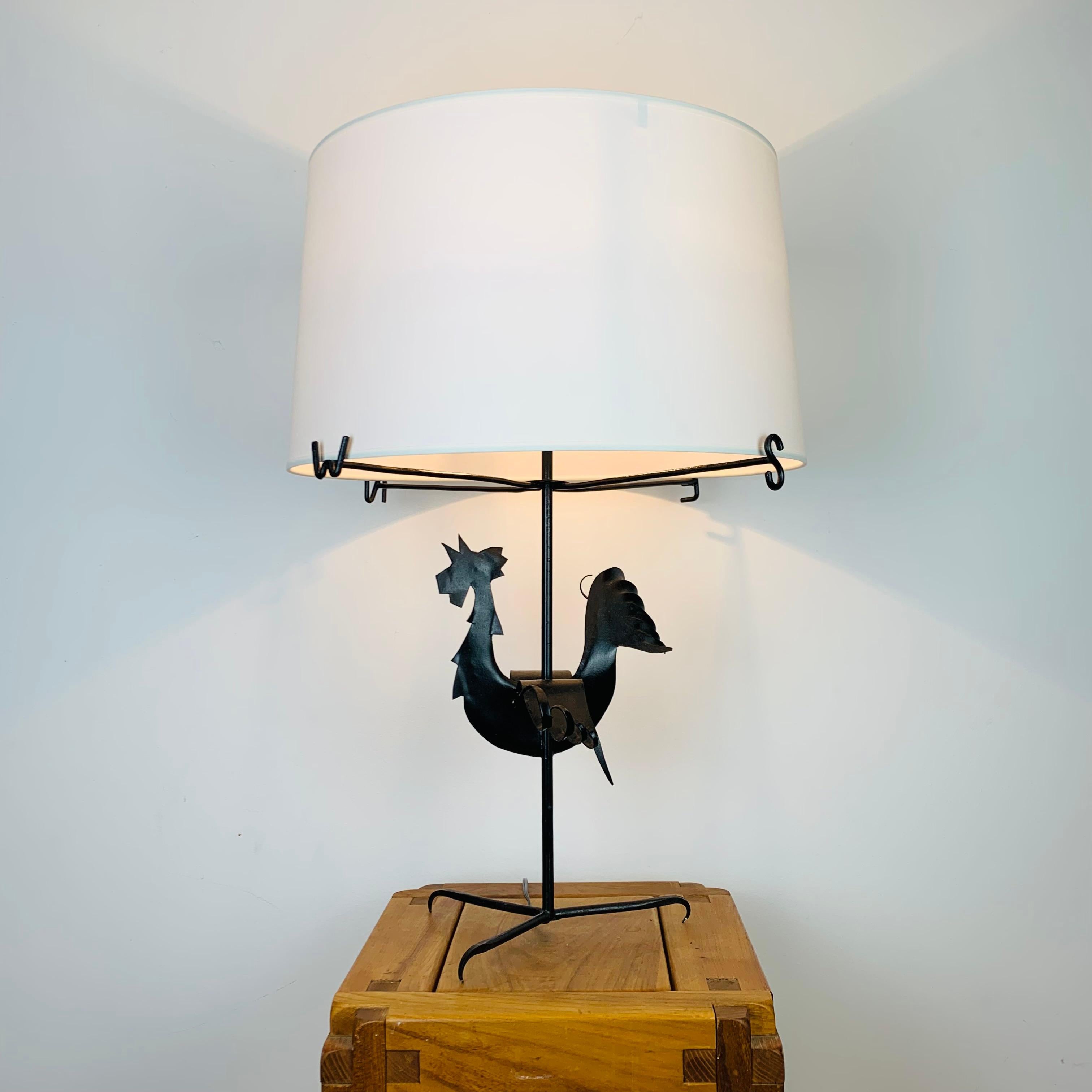 French Jean Touret, rooster lamp, wrought iron For Sale