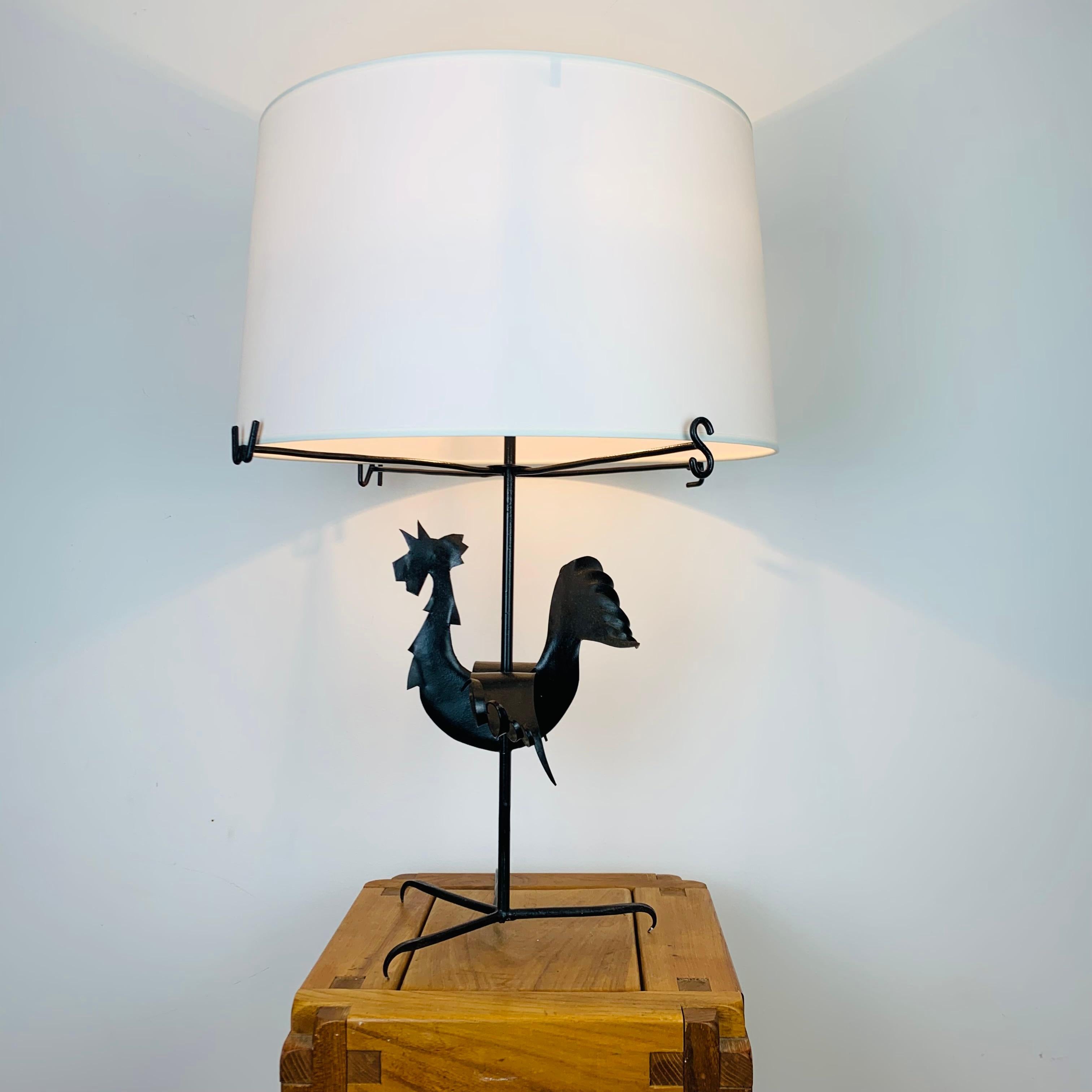 Hand-Crafted Jean Touret, rooster lamp, wrought iron For Sale
