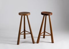Jean Touret, Pair of High Wooden Bar Stools by Marolles, France, circa 1960