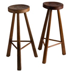 Jean Touret, Pair of High Wooden Bar Stools by Marolles, France, circa 1960