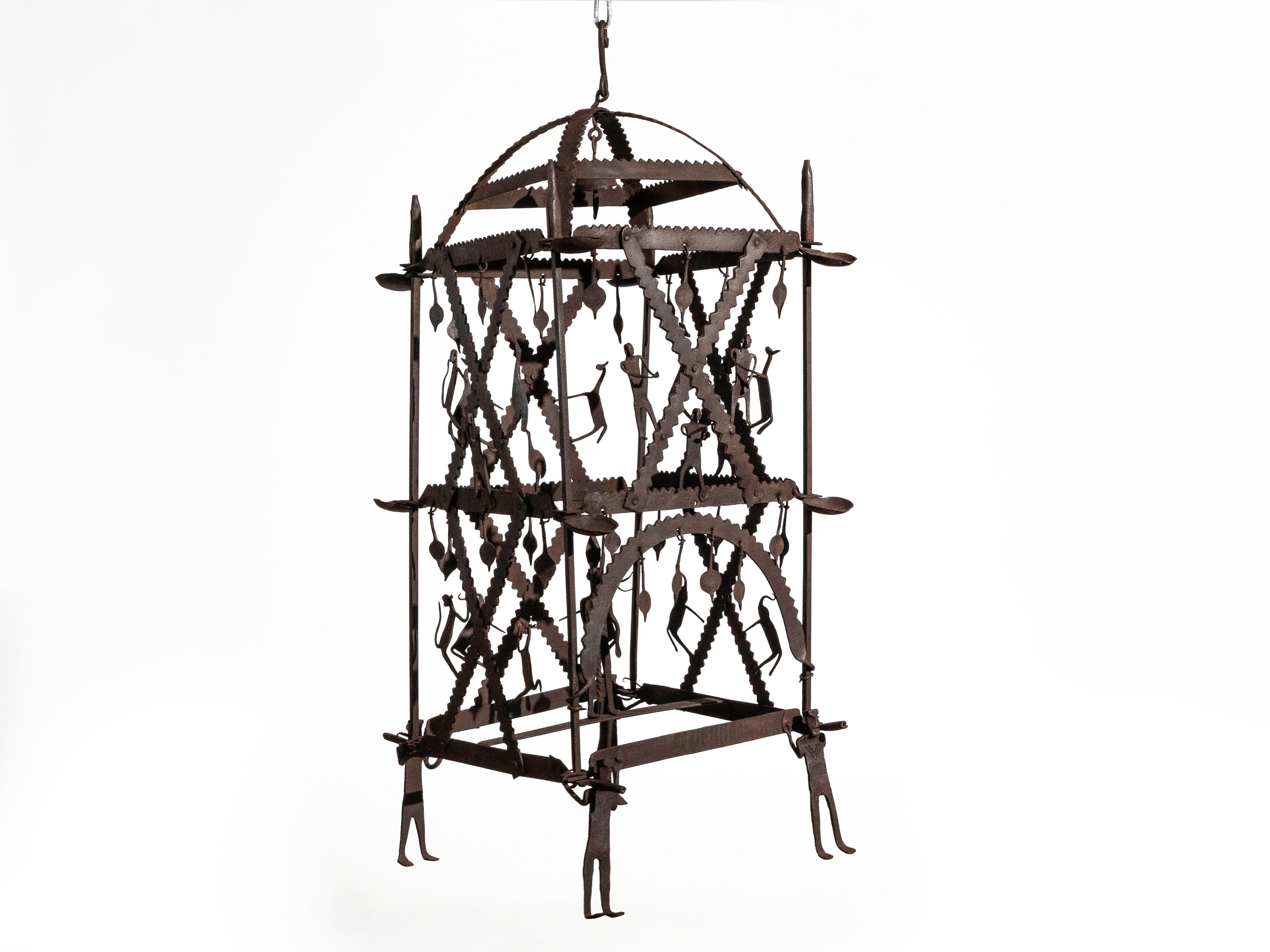 Lampadario in ferro battuto di Jean Touret per Les Artisans de Marolles, Francia, anni '50 in vendita 10