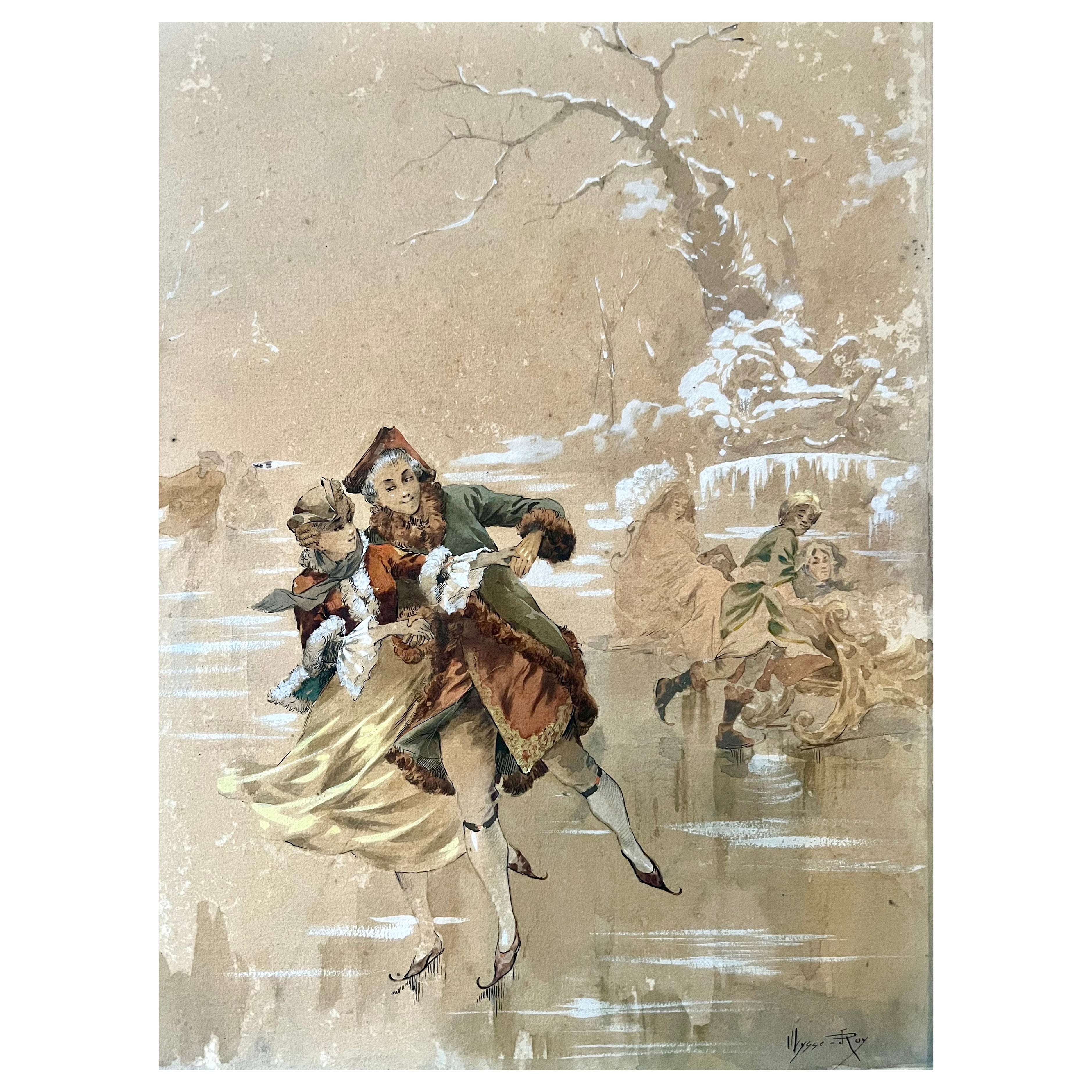 Jean Ulysses-Roy - Scène galante du XVIIIe siècle - Aquarelle sur papier en vente