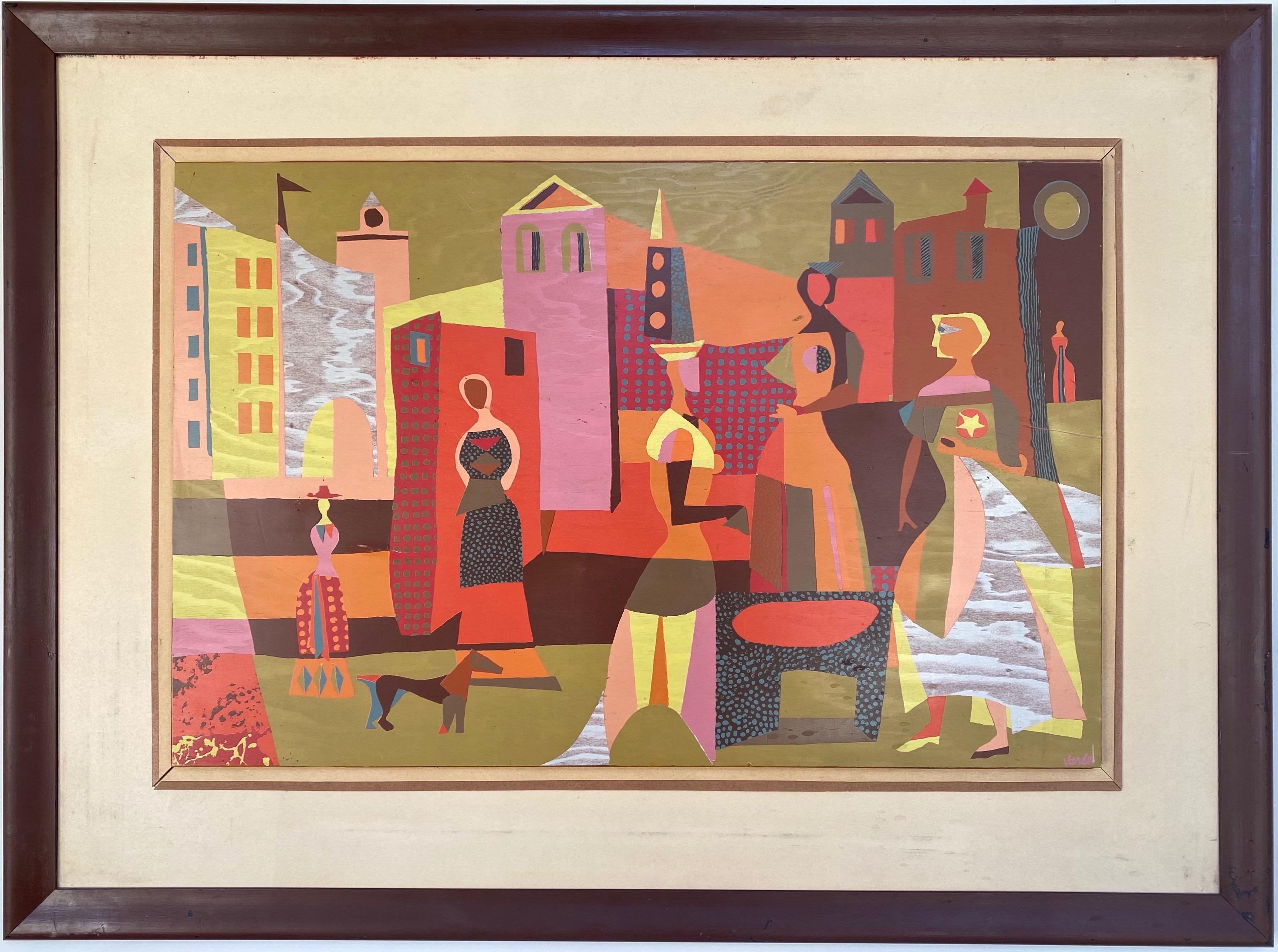 A delightful 1950s signed lithograph on plywood of an untitled abstract expressionist collage by important mid-century Northern California artist Jean Varda.

A sextet of sophisticated women dressed to the nines are shown out and about on the