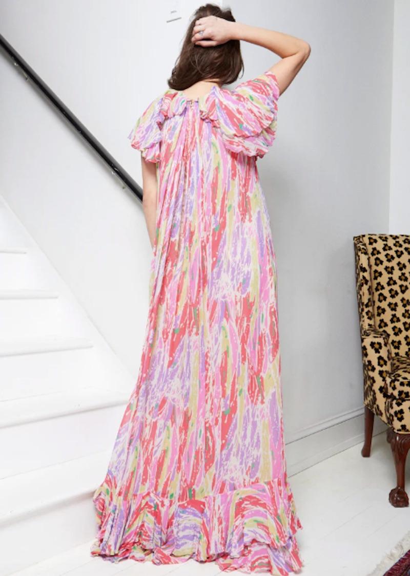 Beige Jean Varon 1970s Multi-Colored Gown For Sale