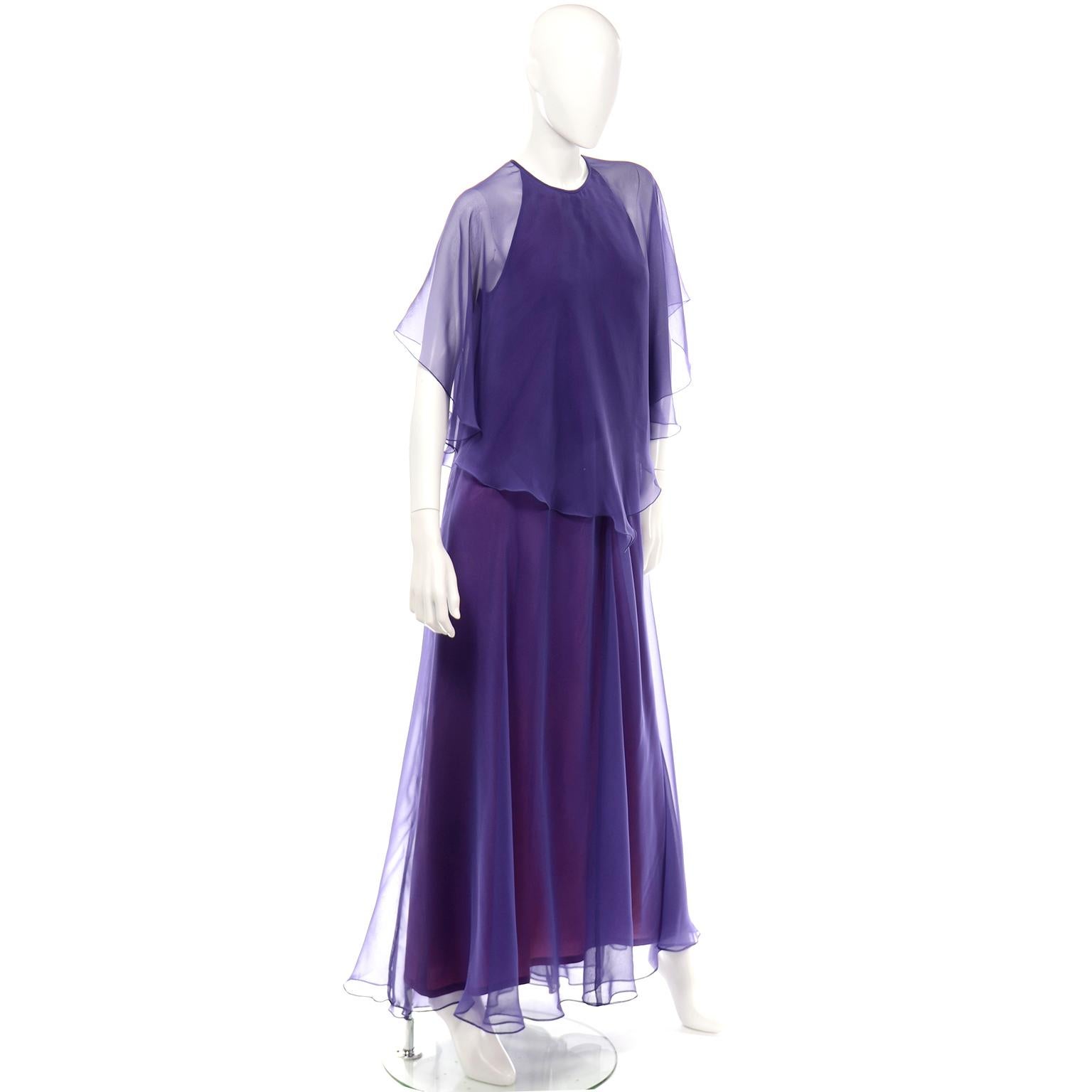 Jean Varon 1970s Vintage Blue Chiffon Evening Dress With Sheer Overlay In Excellent Condition In Portland, OR