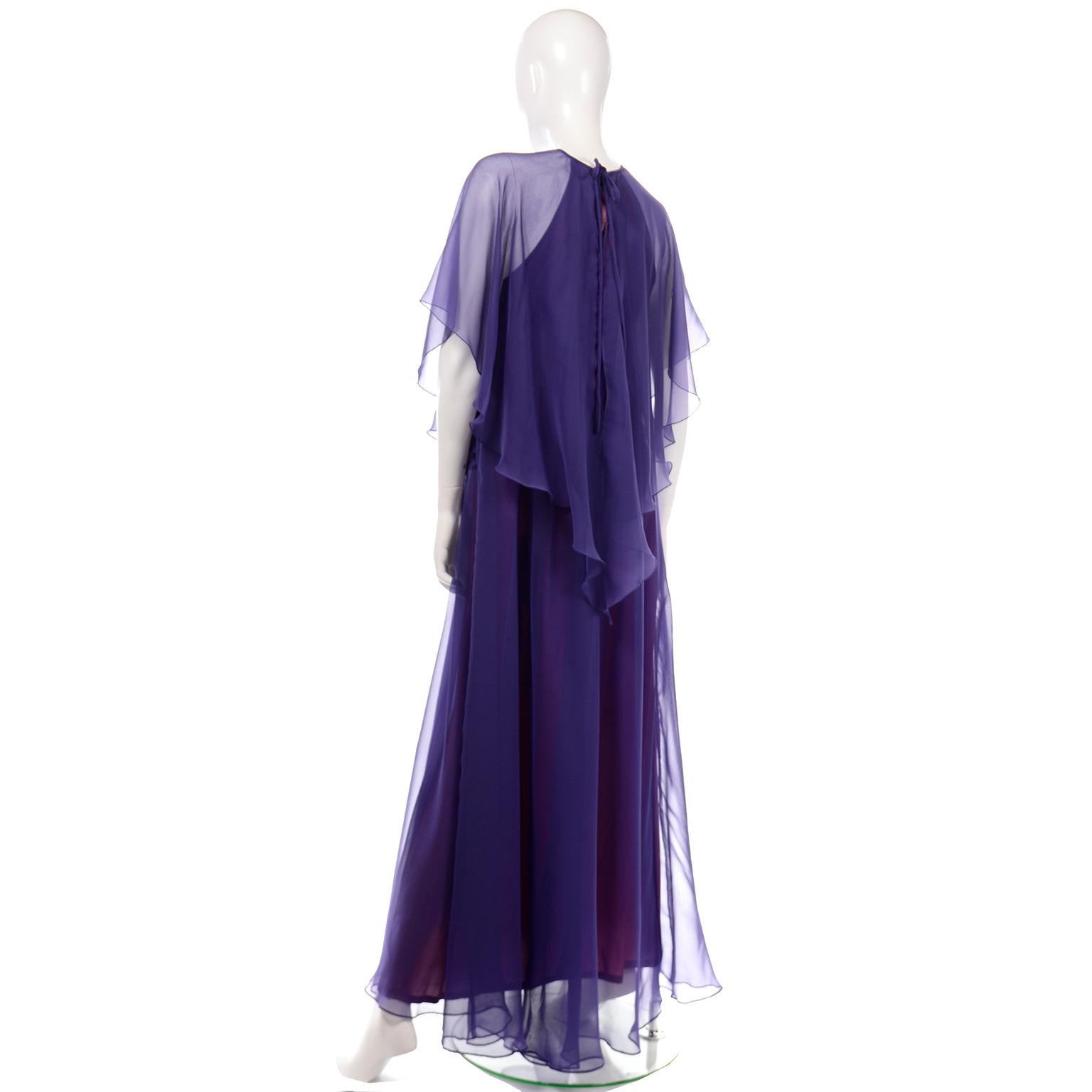 Jean Varon 1970s Vintage Blue Chiffon Evening Dress With Sheer Overlay 2