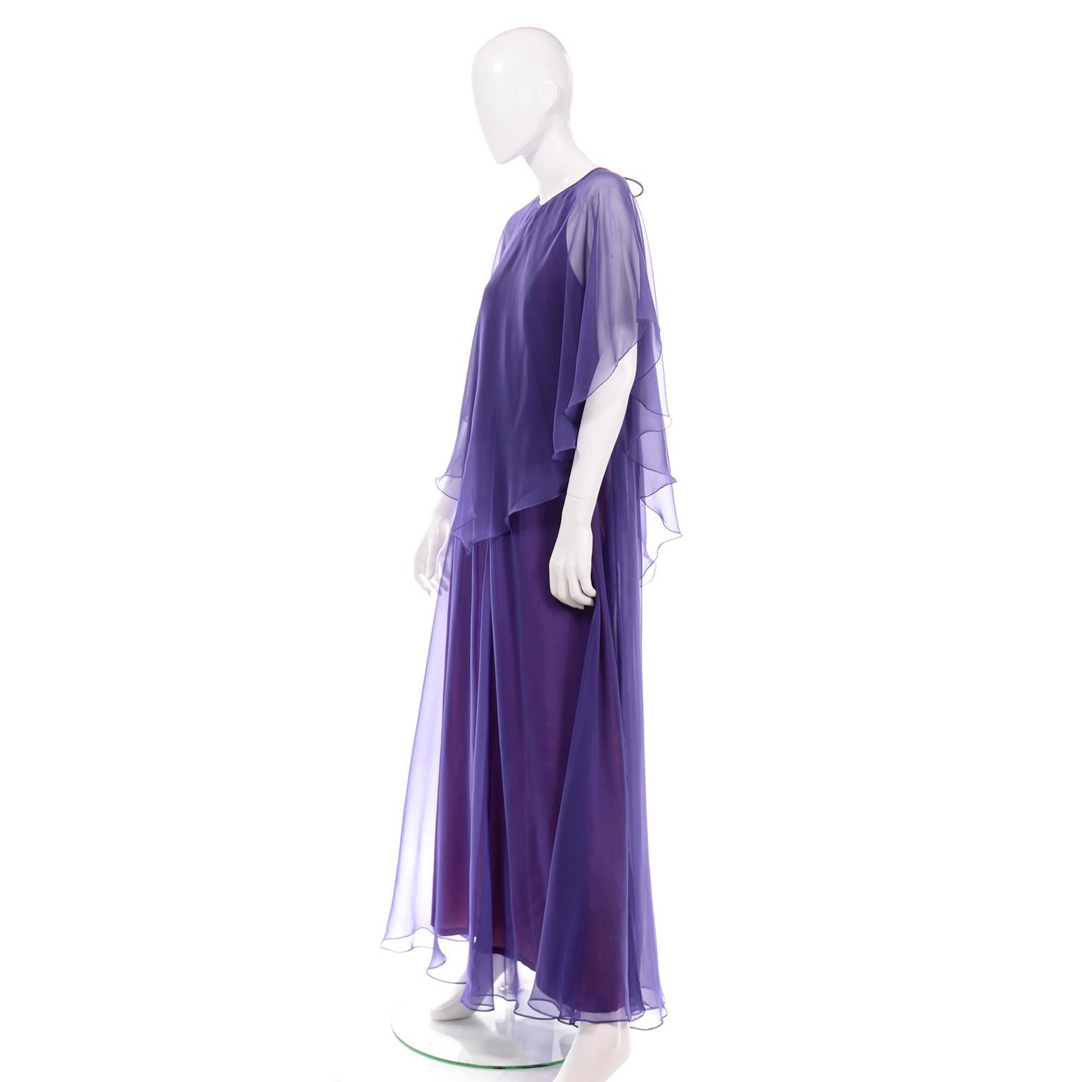 Jean Varon 1970s Vintage Blue Chiffon Evening Dress With Sheer Overlay 3