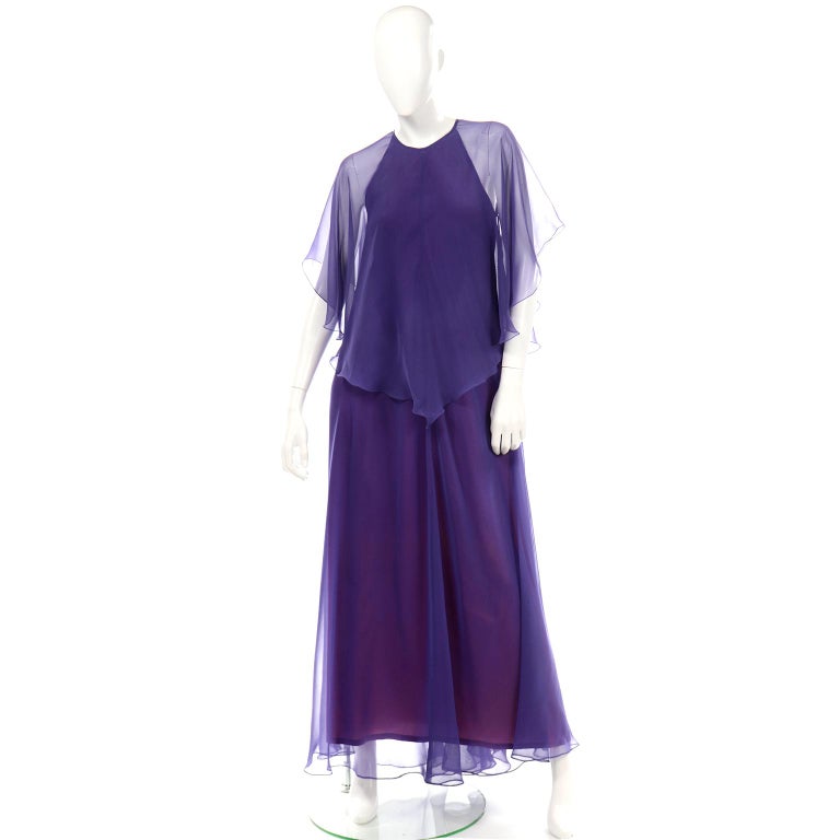 Jean Varon 1970s Vintage Blue Chiffon Evening Dress With Sheer Overlay For Sale 5