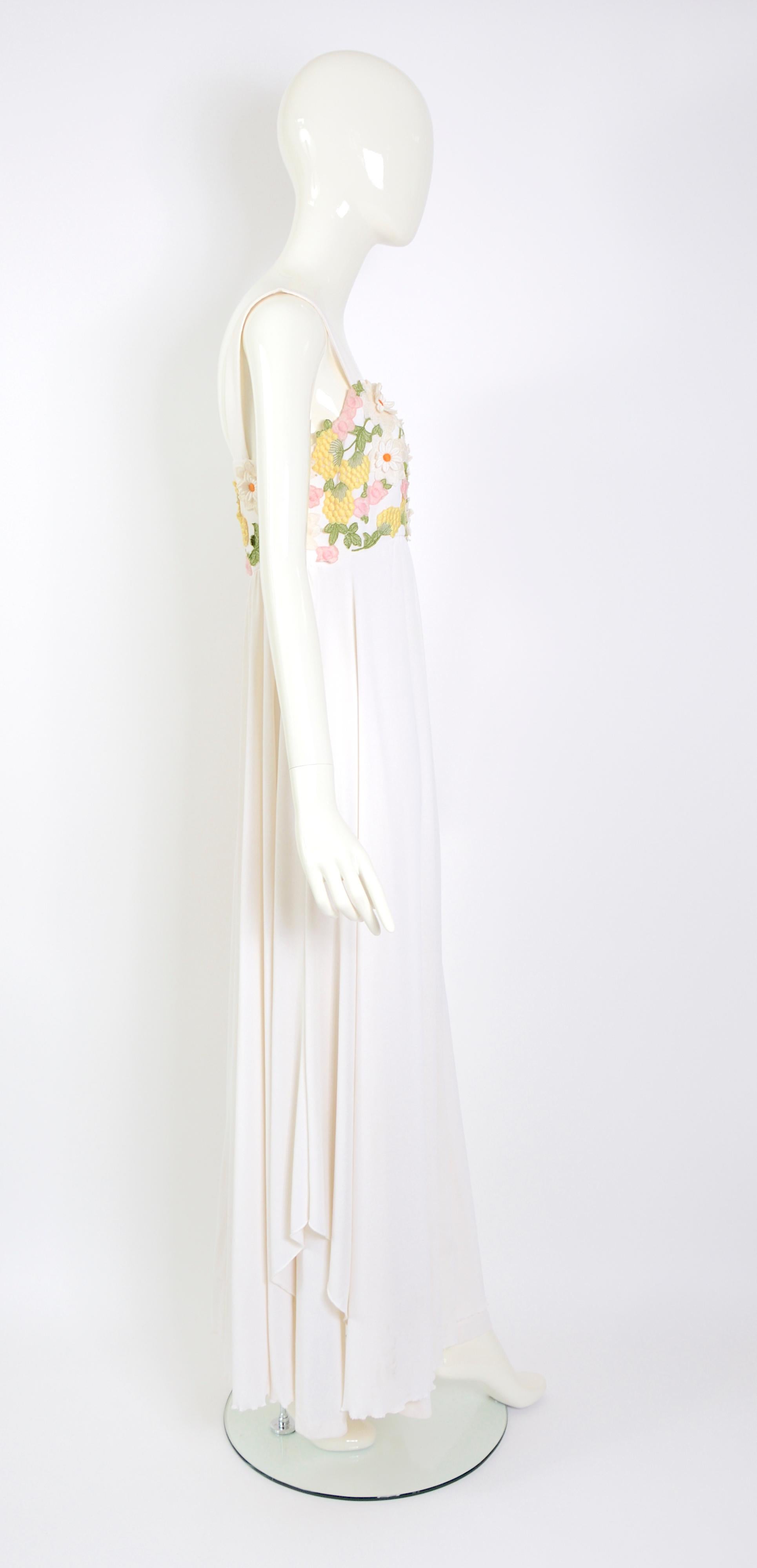 Jean Varon attributed 60s white silk jersey flower embroidery appliques dress 6