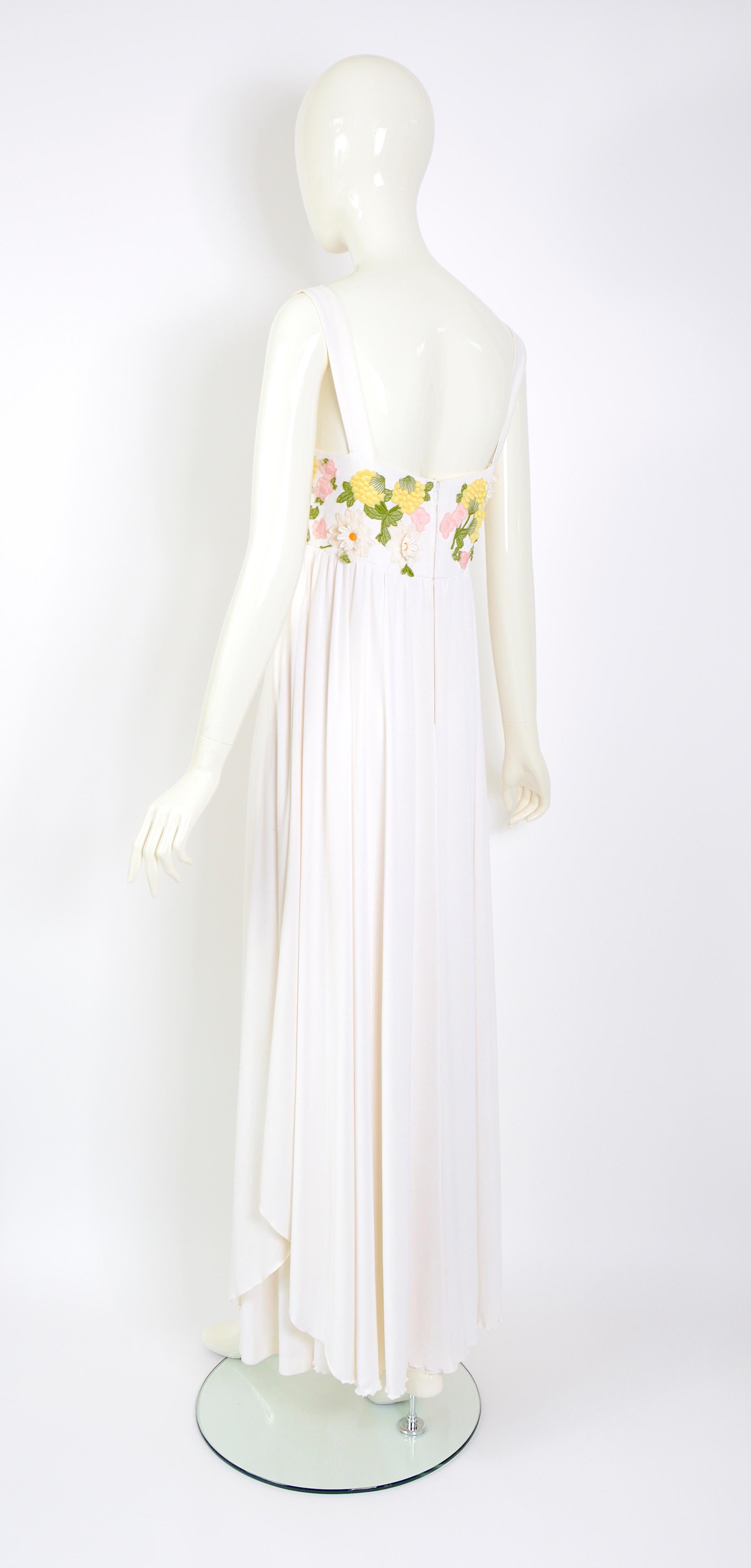 Jean Varon attributed 60s white silk jersey flower embroidery appliques dress 2