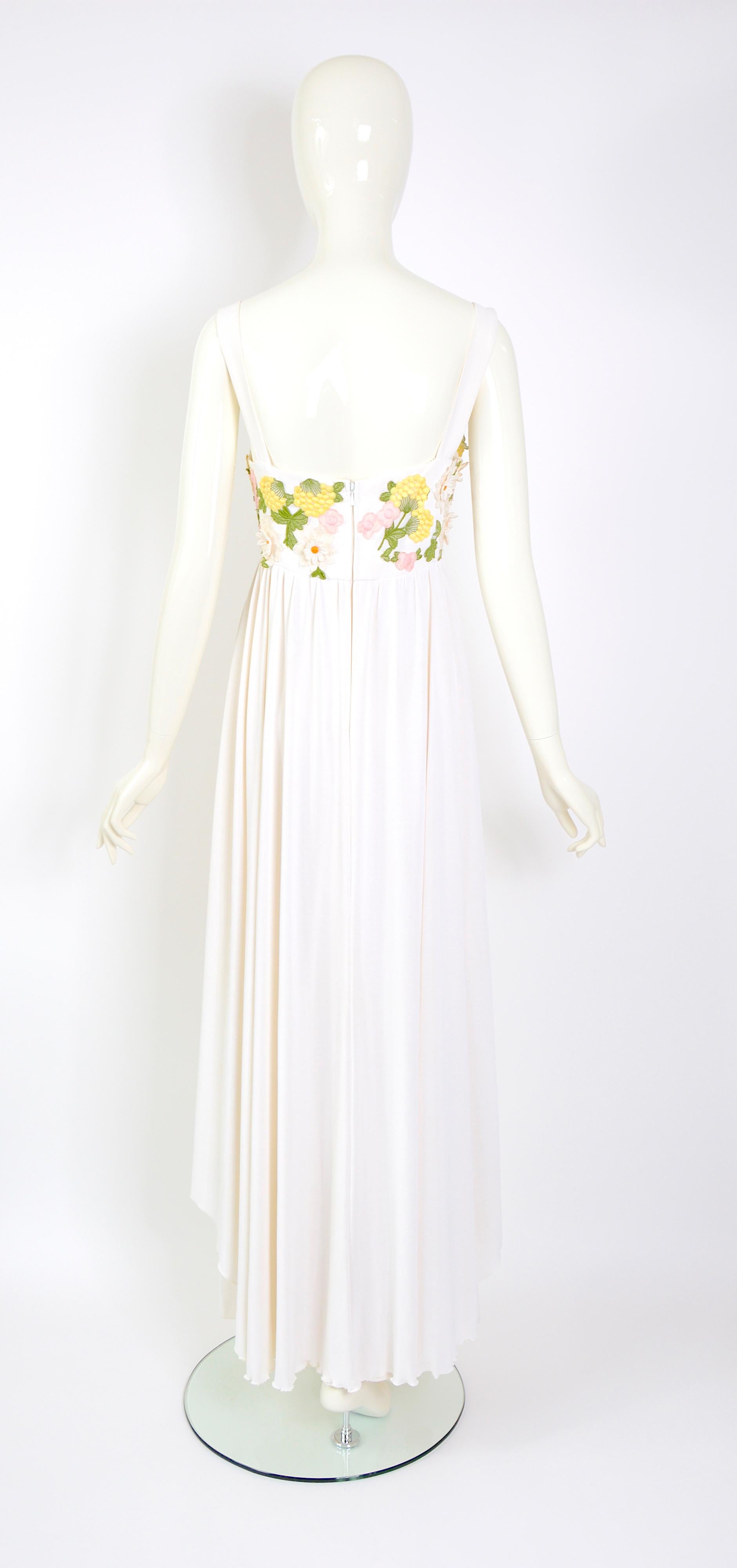 Jean Varon attributed 60s white silk jersey flower embroidery appliques dress 3