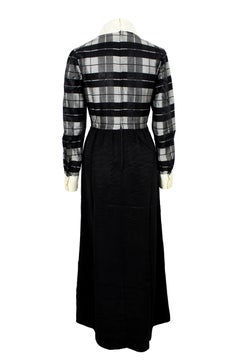 Jean Varon Black Gray Check Long Evening Dress 1970s