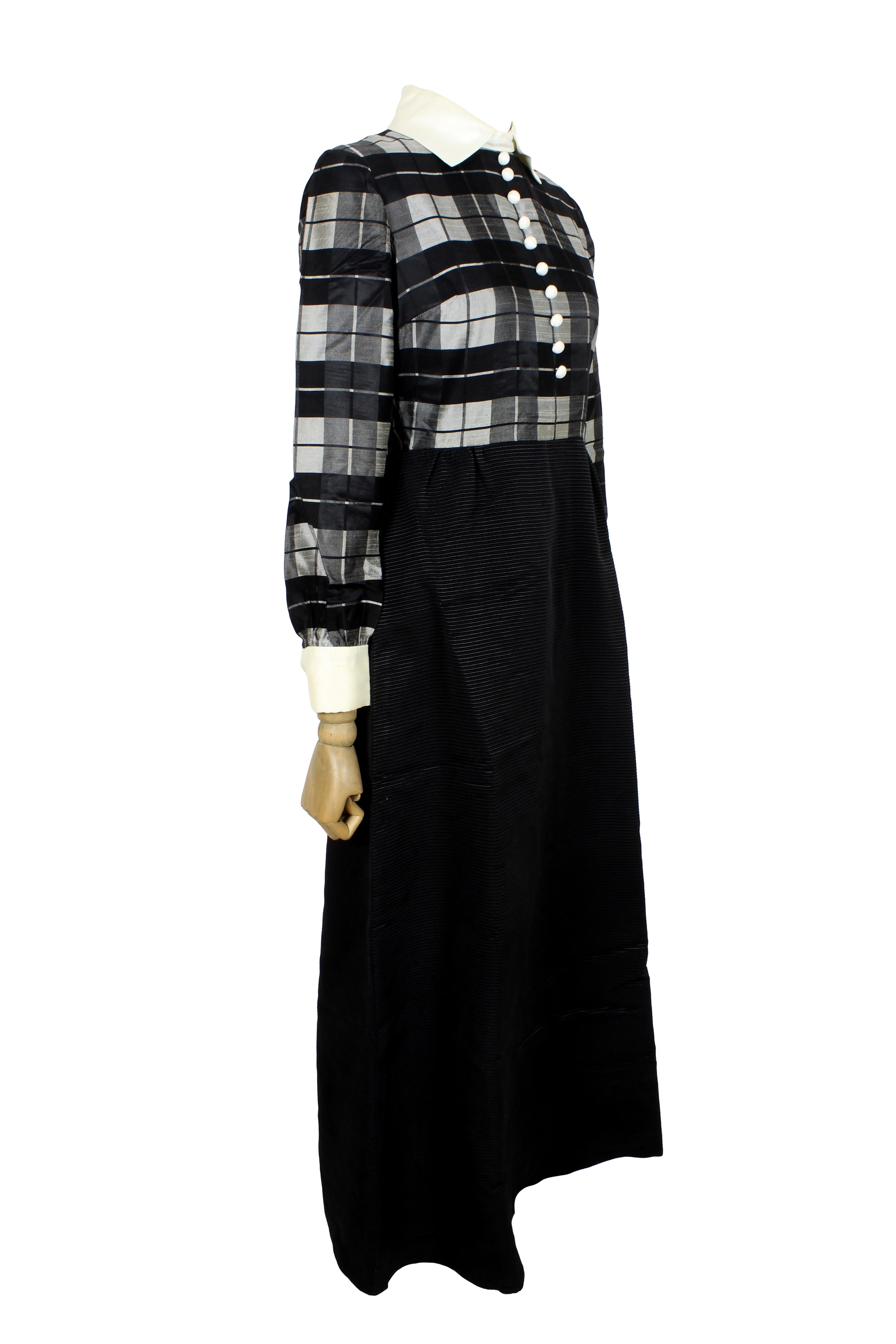 Women's Jean Varon Black Gray Check Long Evening Dress 1970s For Sale