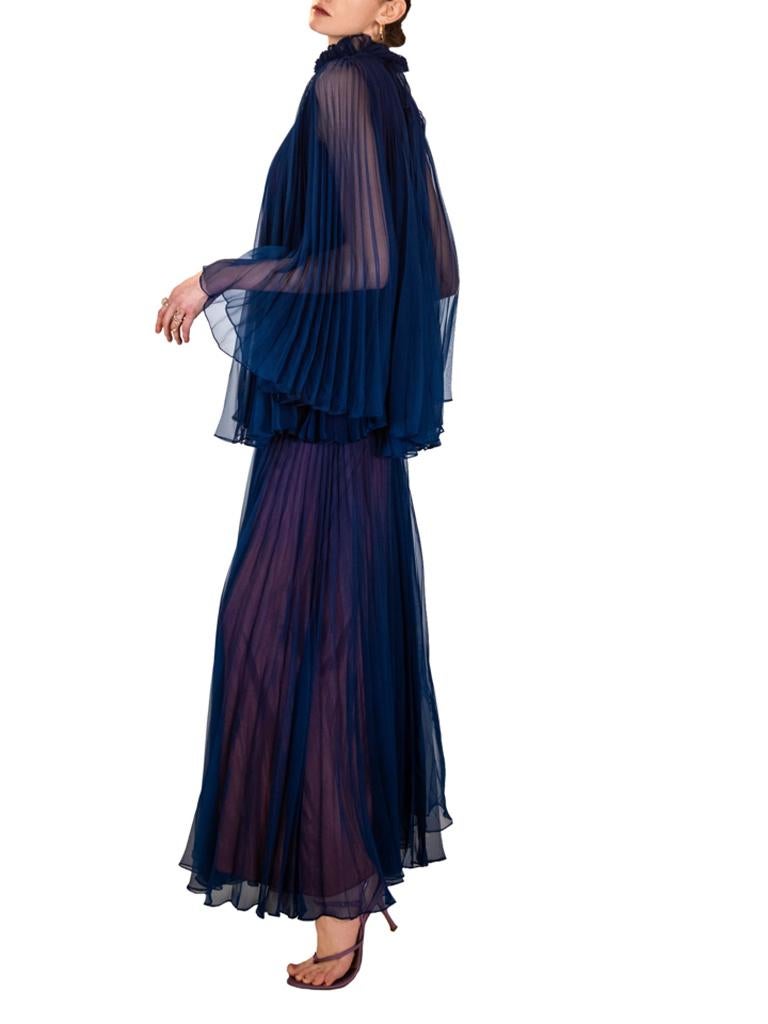 Black Jean Varon Blue / Purple Pleated Dress 1970's For Sale