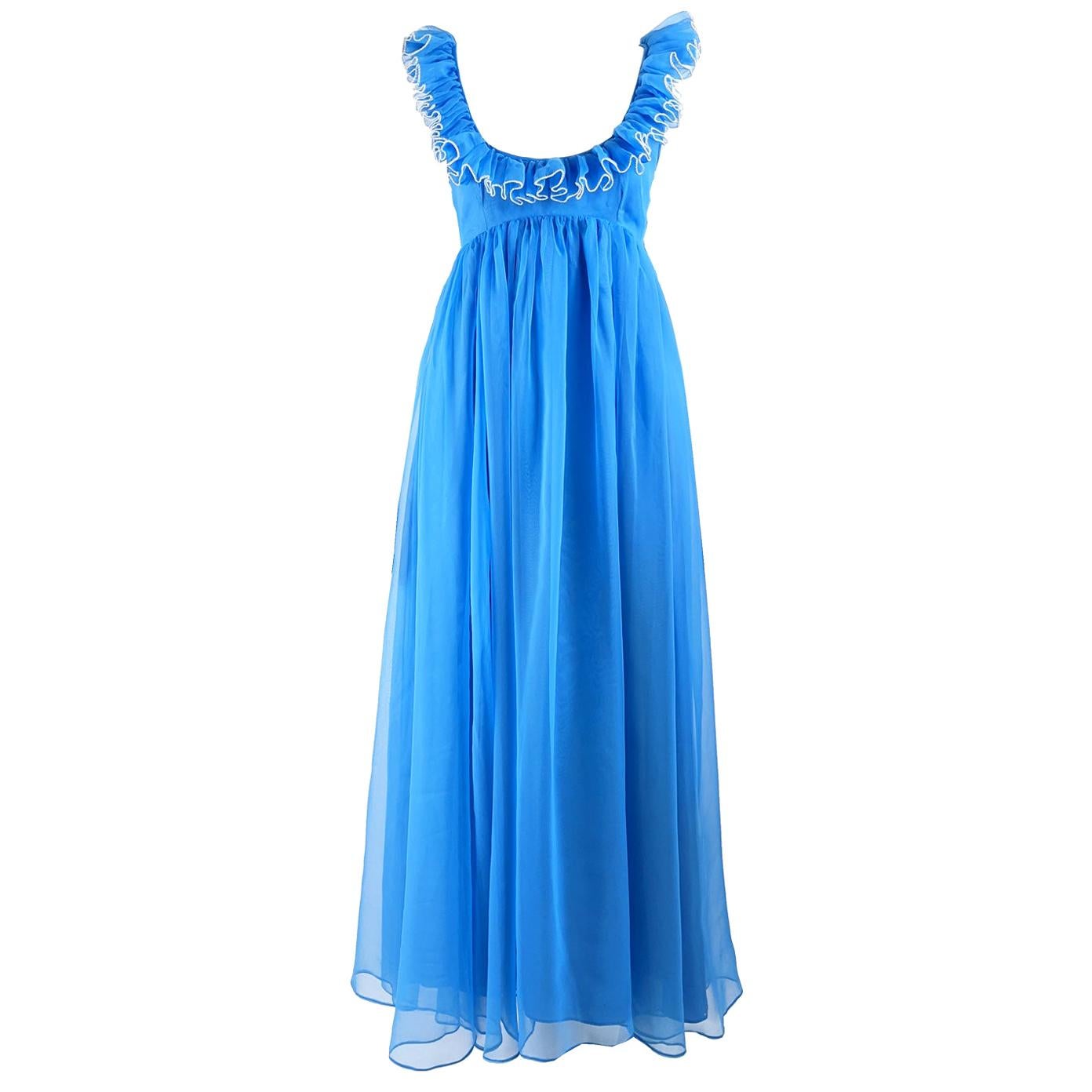 Jean Varon Vintage 1960s Blue Chiffon Maxi Evening Dress For Sale