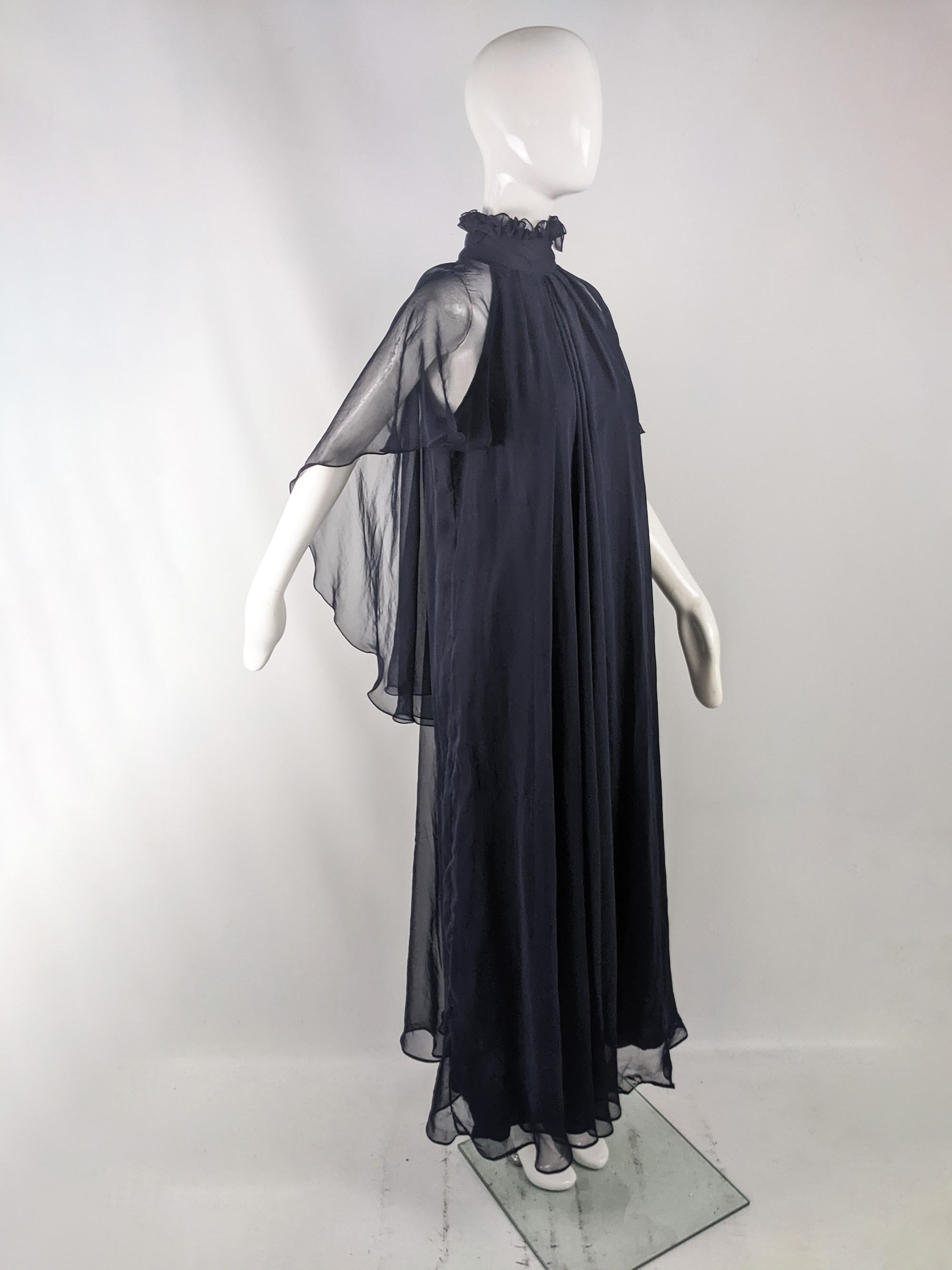 Black Jean Varon Vintage 1970s Navy Blue Chiffon Dress Cape Sleeves Evening Gown For Sale