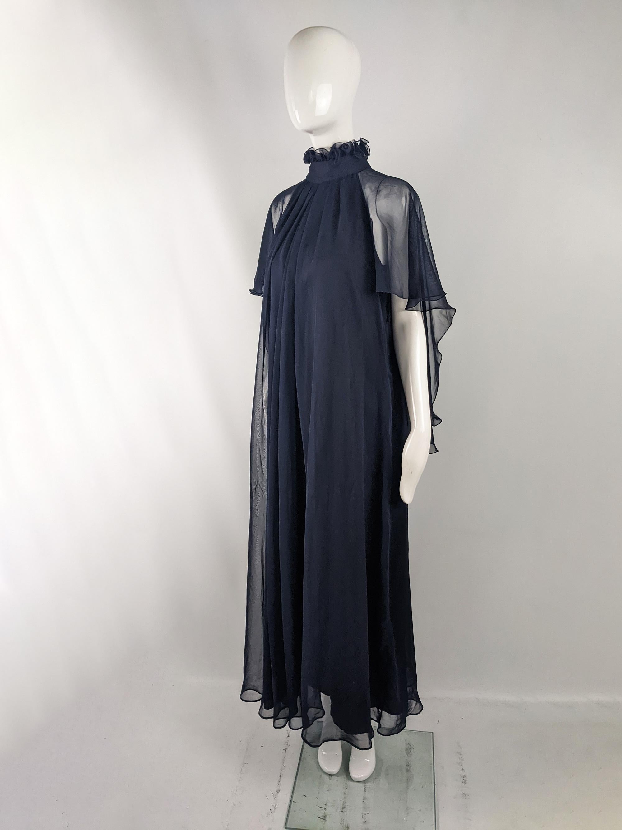 Jean Varon Vintage 1970s Navy Blue Chiffon Dress Cape Sleeves Evening Gown In Fair Condition For Sale In Doncaster, South Yorkshire