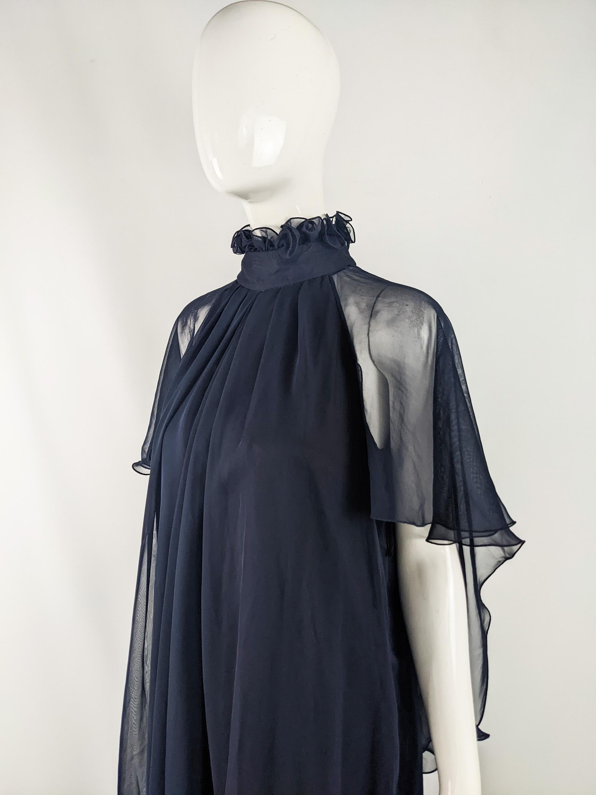 Women's Jean Varon Vintage 1970s Navy Blue Chiffon Dress Cape Sleeves Evening Gown For Sale