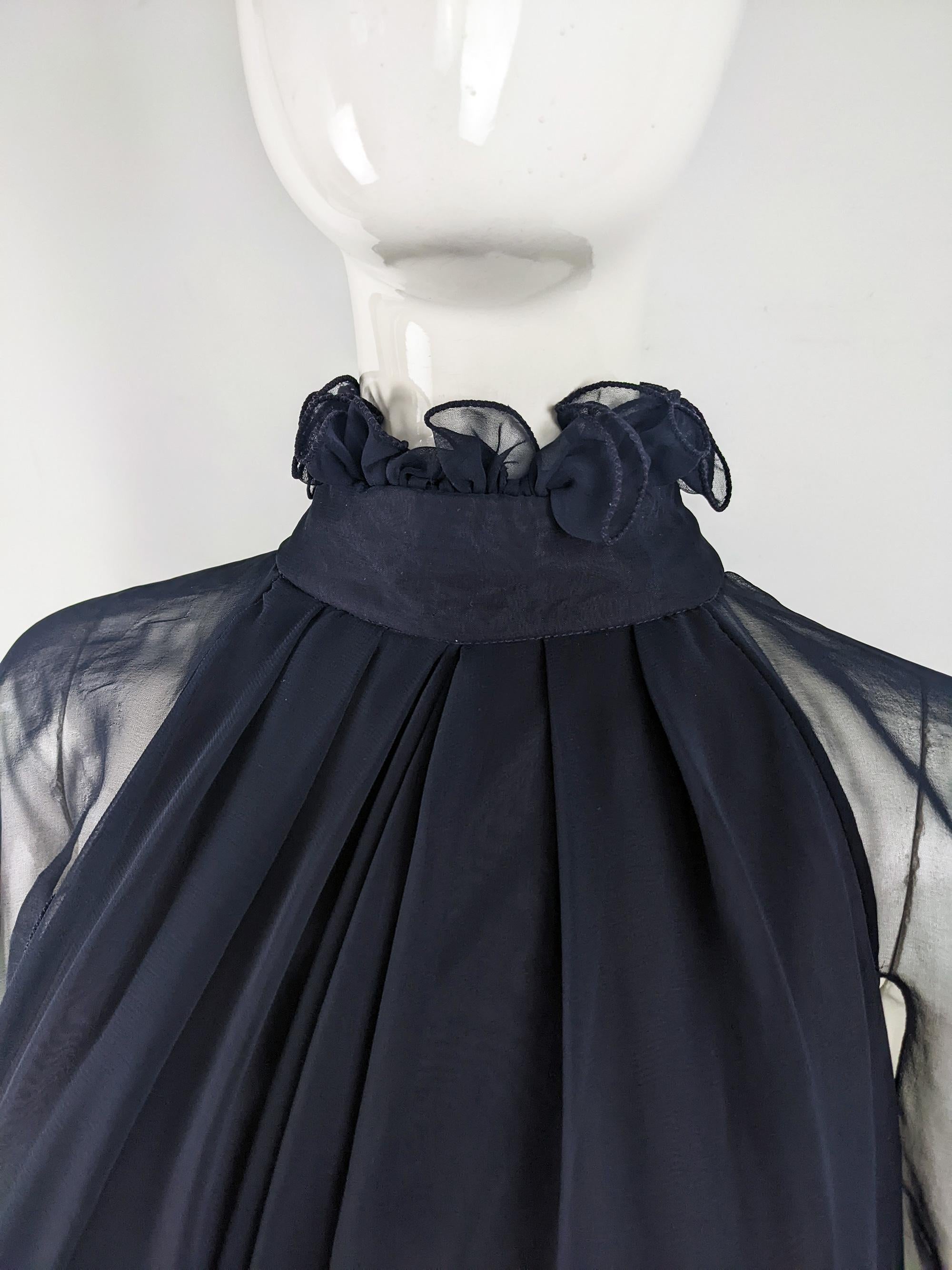 Jean Varon Vintage 1970s Navy Blue Chiffon Dress Cape Sleeves Evening Gown For Sale 1