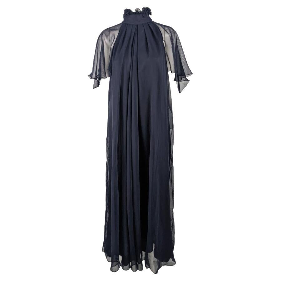 Jean Varon Vintage 1970s Navy Blue Chiffon Dress Cape Sleeves Evening Gown For Sale
