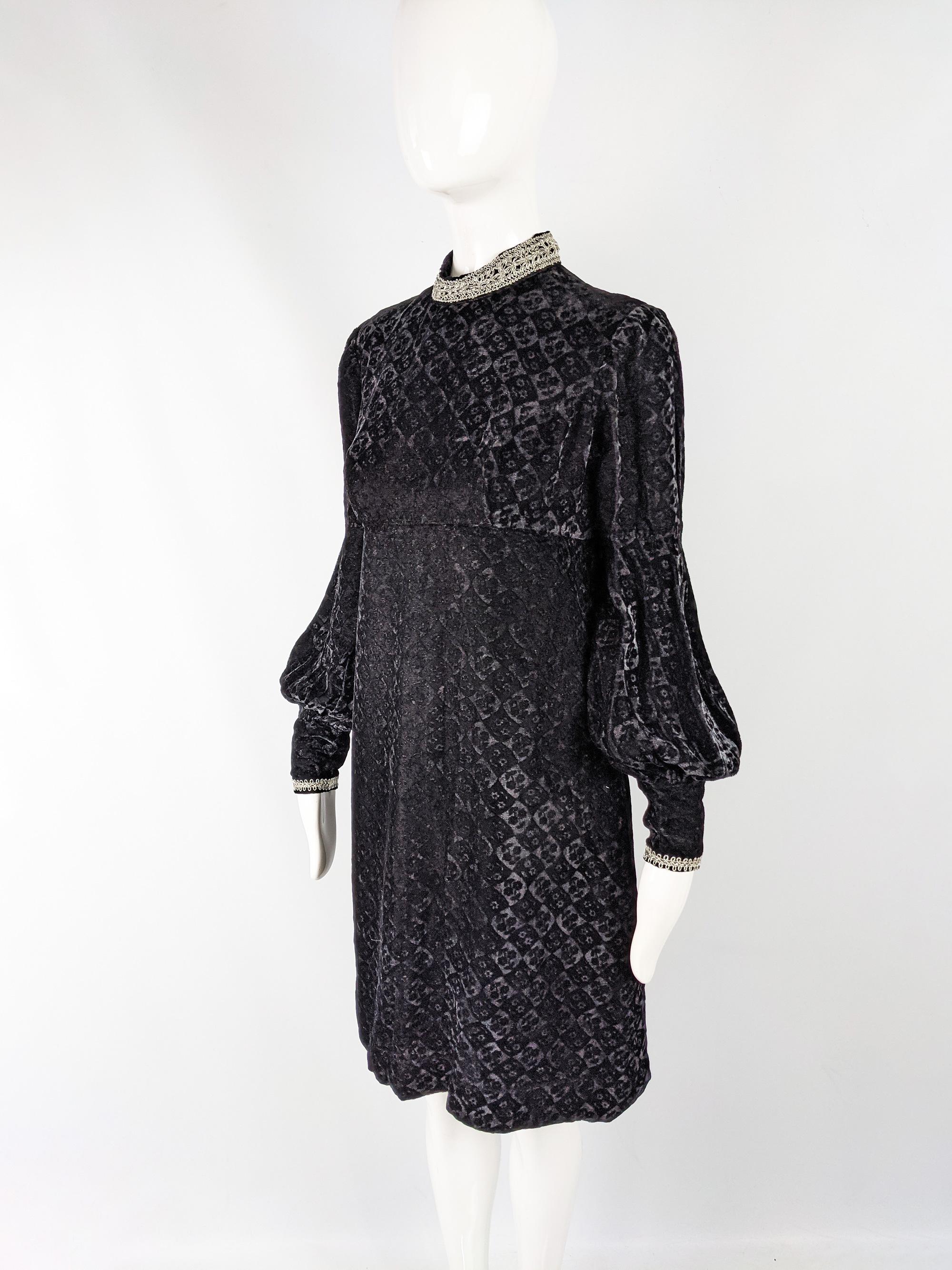 Jean Varon Vintage Embossed Black Velvet Party Dress, 1960s In Excellent Condition For Sale In Doncaster, South Yorkshire