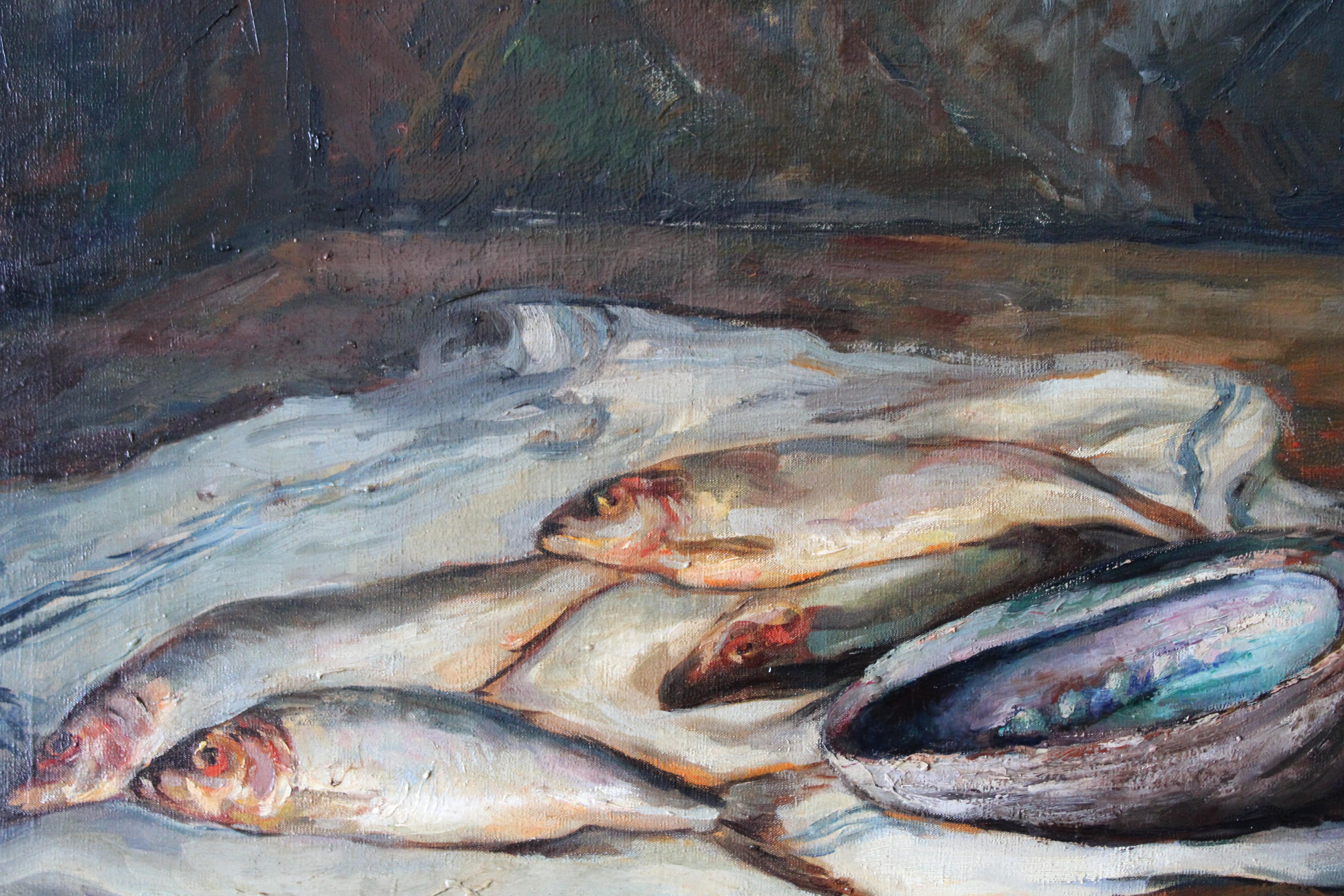 Vintage Französisch Fisch Ölgemälde auf Leinwand Mid Century Fisch Stillleben – Painting von Jean Vassel