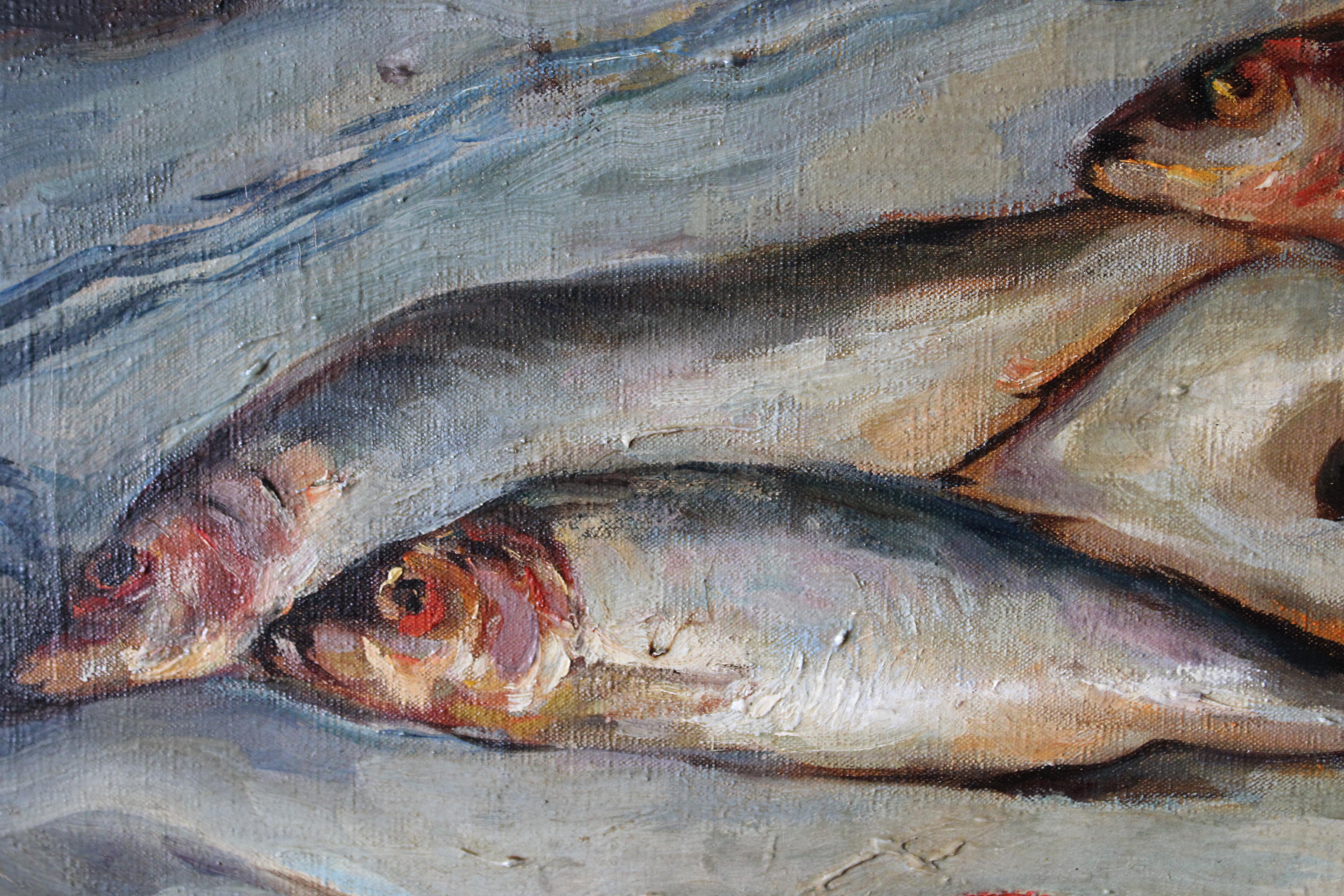 Vintage Französisch Fisch Ölgemälde auf Leinwand Mid Century Fisch Stillleben (Französische Schule), Painting, von Jean Vassel