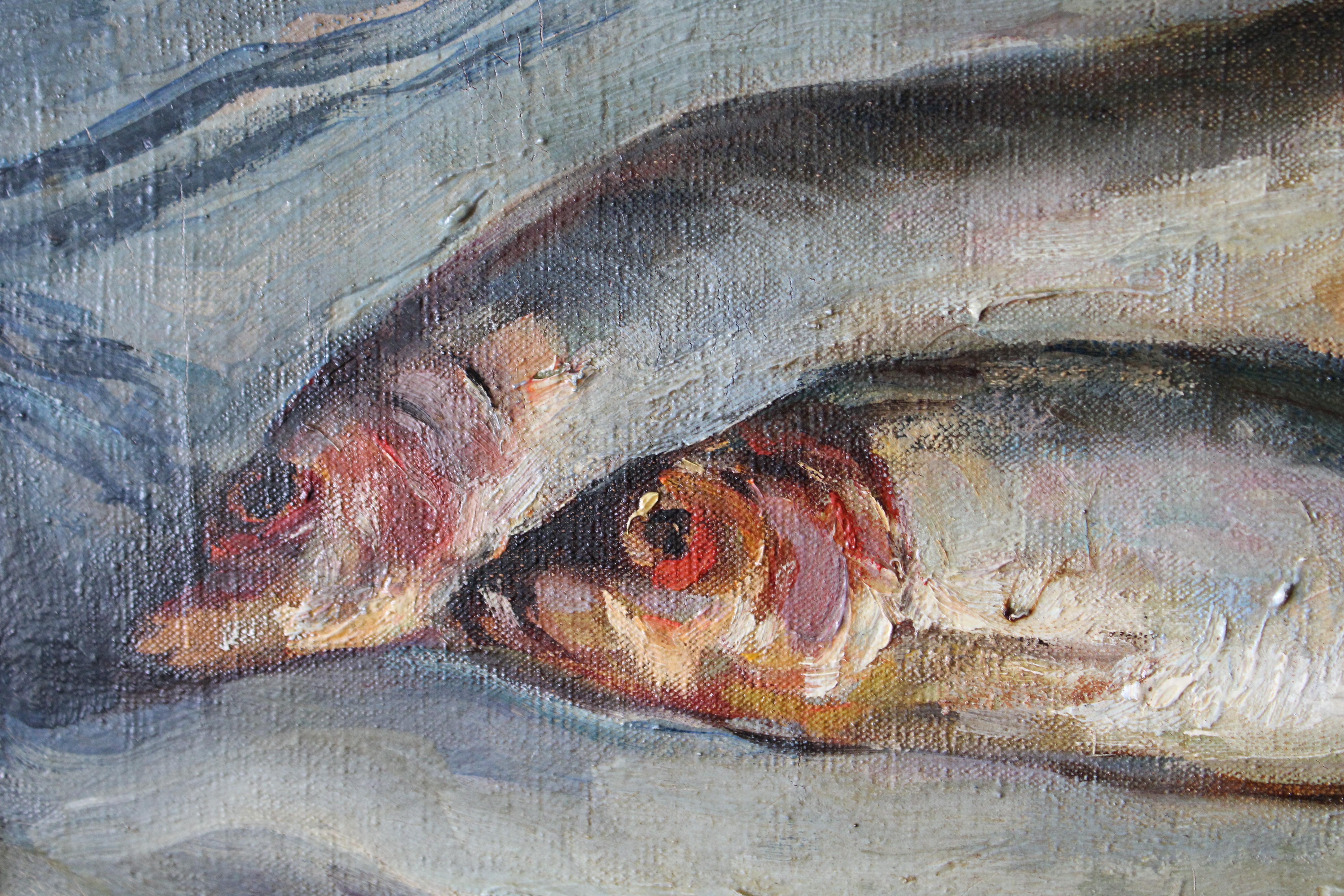 Vintage Französisch Fisch Ölgemälde auf Leinwand Mid Century Fisch Stillleben im Angebot 3