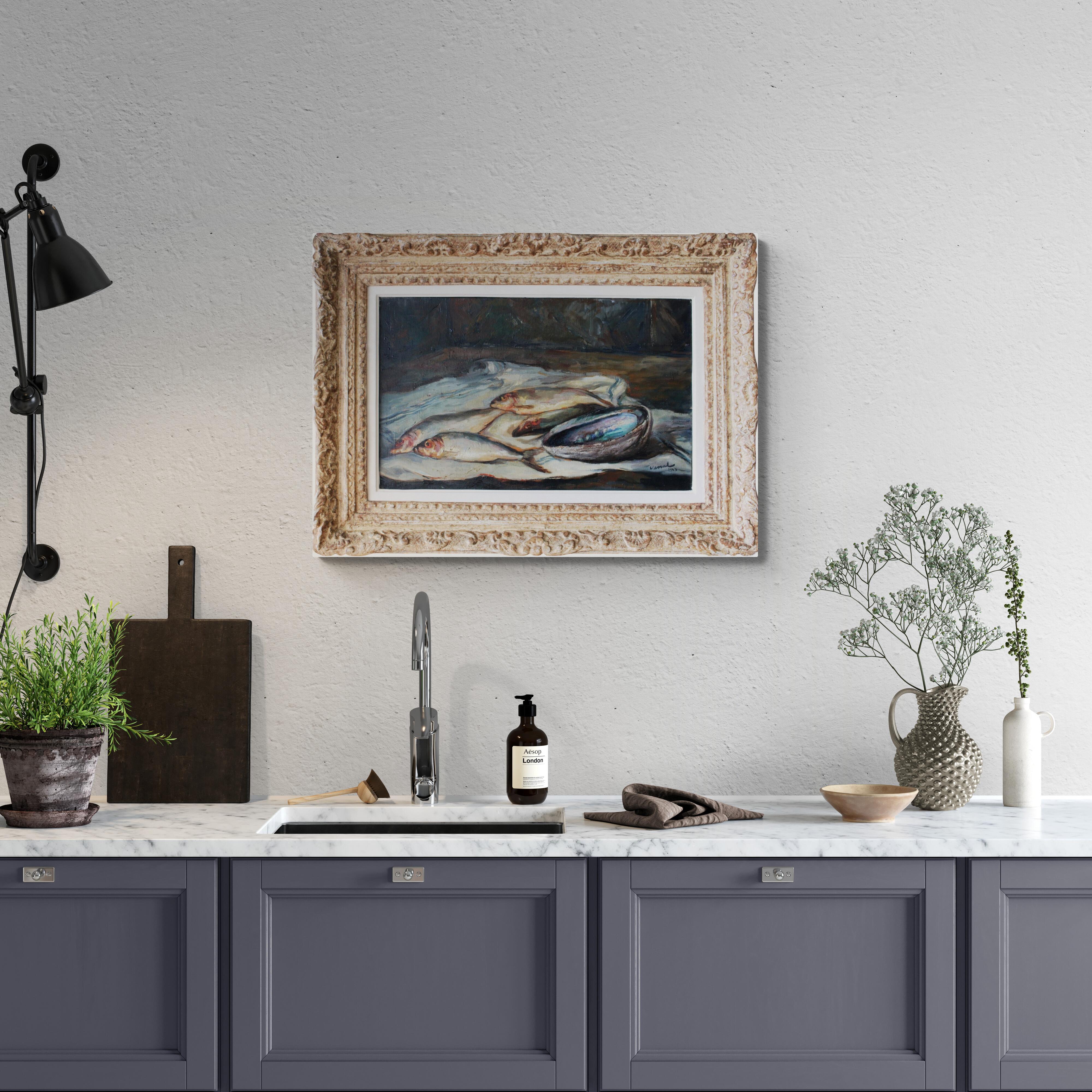 Vintage Französisch Fisch Ölgemälde auf Leinwand Mid Century Fisch Stillleben im Angebot 1