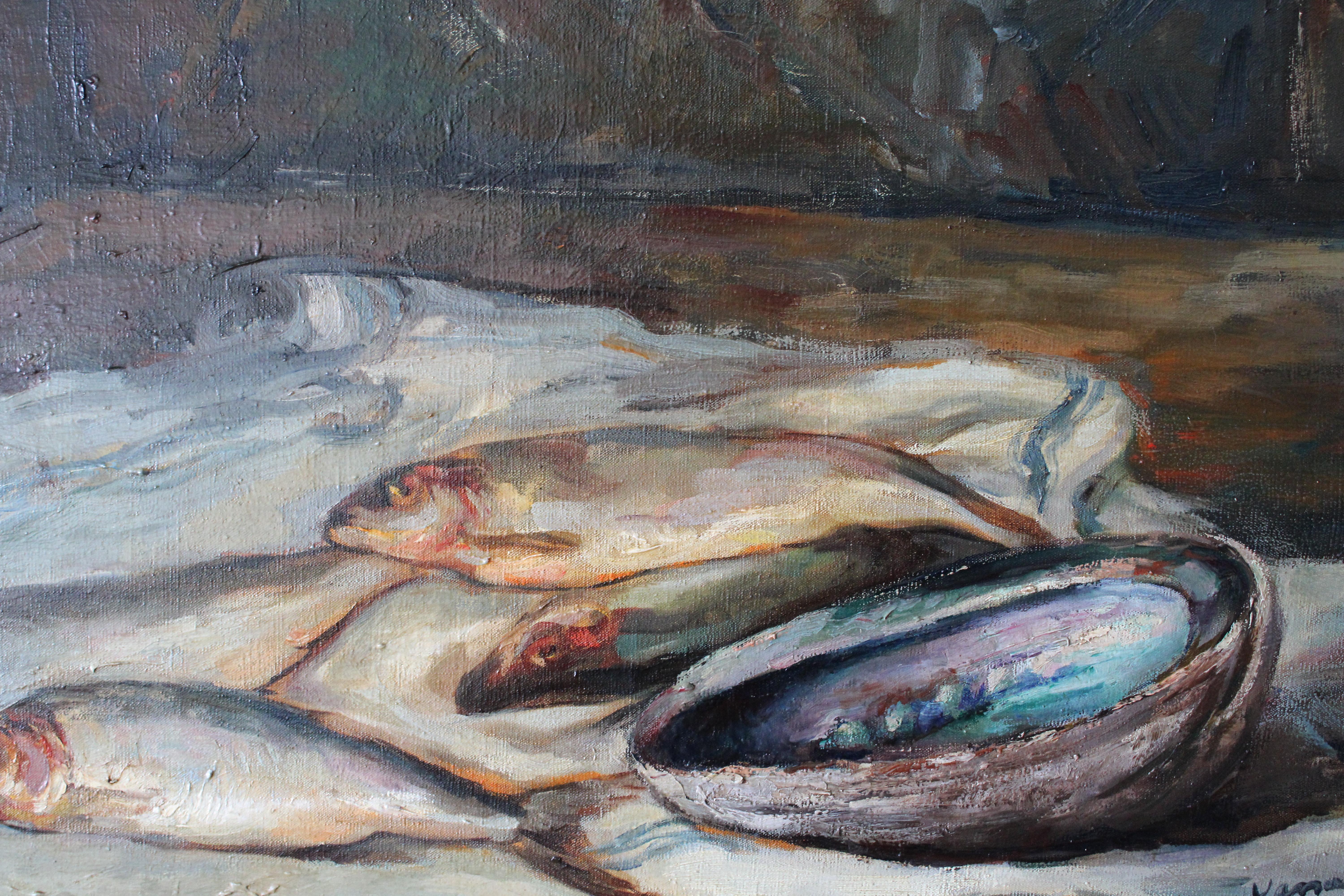 Vintage Französisch Fisch Ölgemälde auf Leinwand Mid Century Fisch Stillleben im Angebot 4