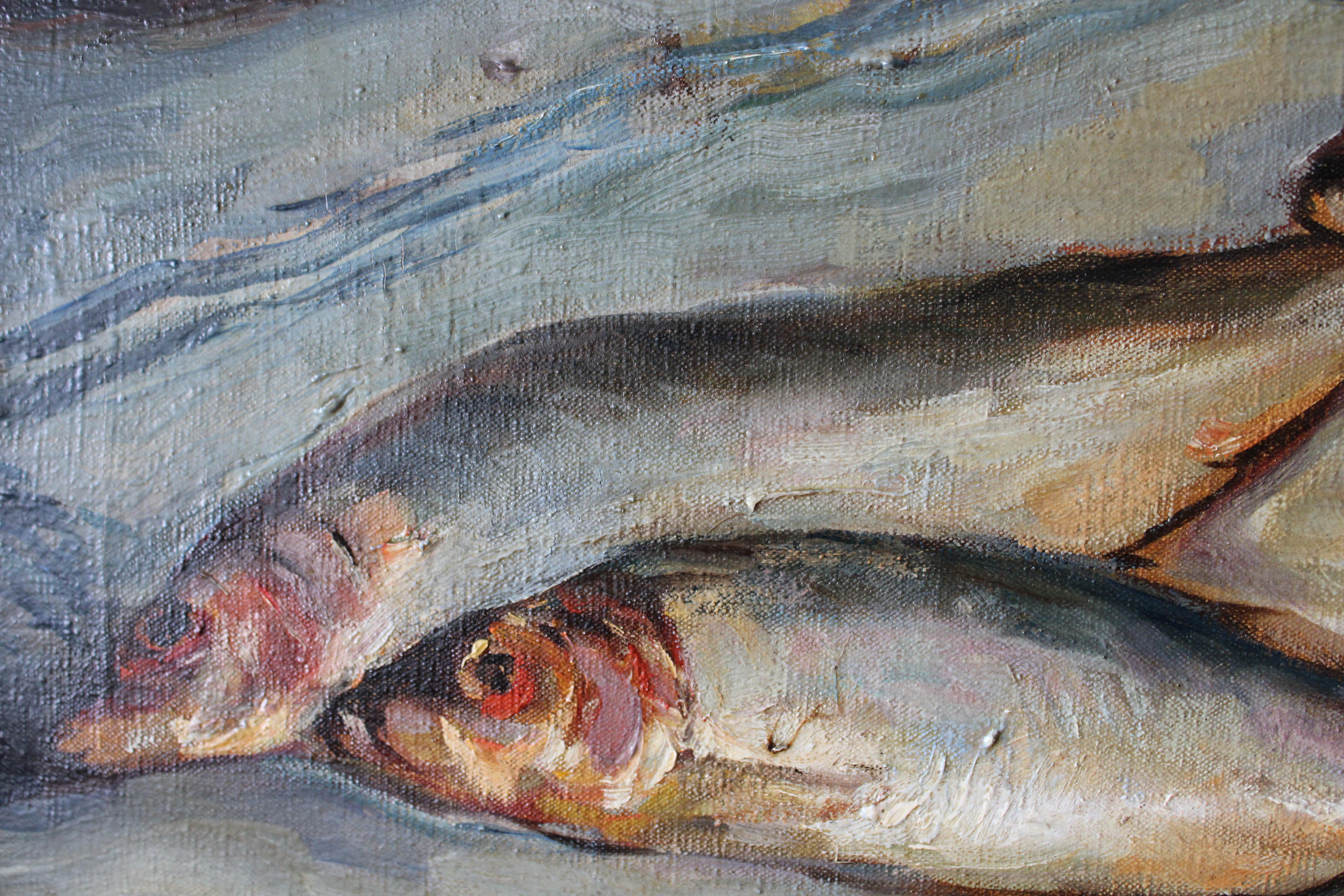 Vintage Französisch Fisch Ölgemälde auf Leinwand Mid Century Fisch Stillleben im Angebot 5