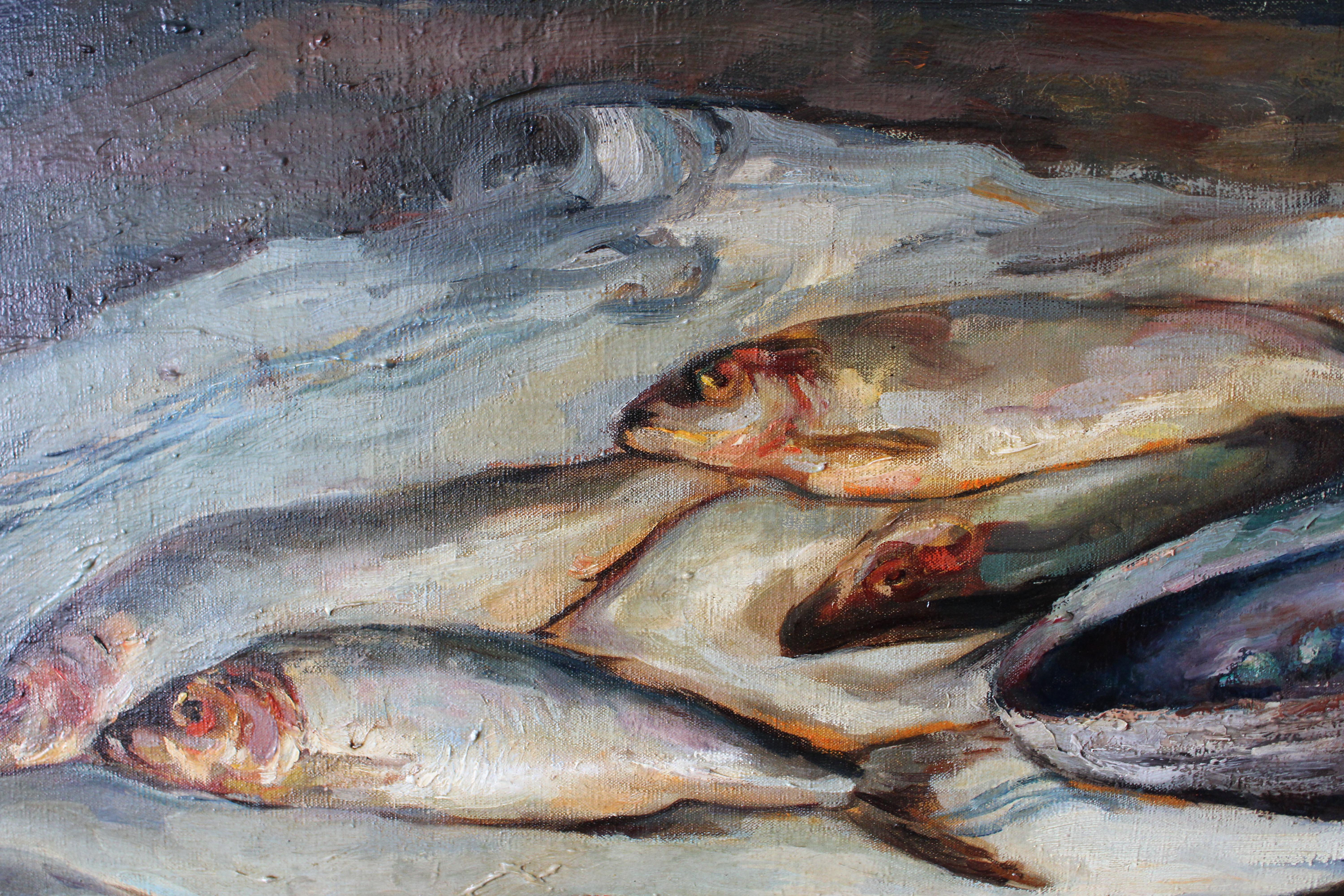 Vintage Französisch Fisch Ölgemälde auf Leinwand Mid Century Fisch Stillleben im Angebot 6