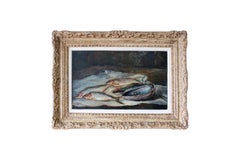 Pintura al óleo francesa vintage sobre lienzo Bodegón de peces de mediados de siglo